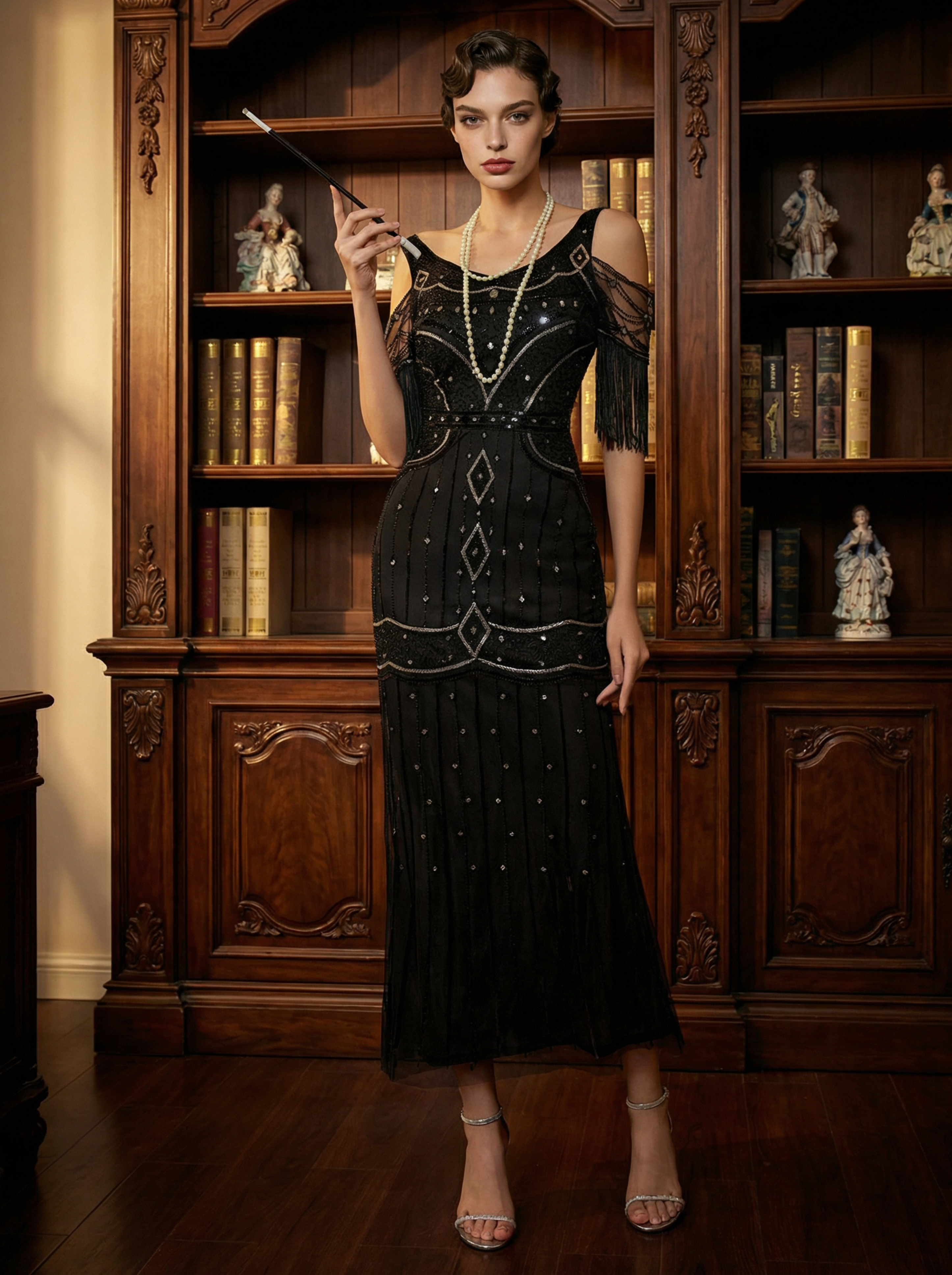 Black 1920s Bishop Sleeve Sequin Tassel Evening Gown