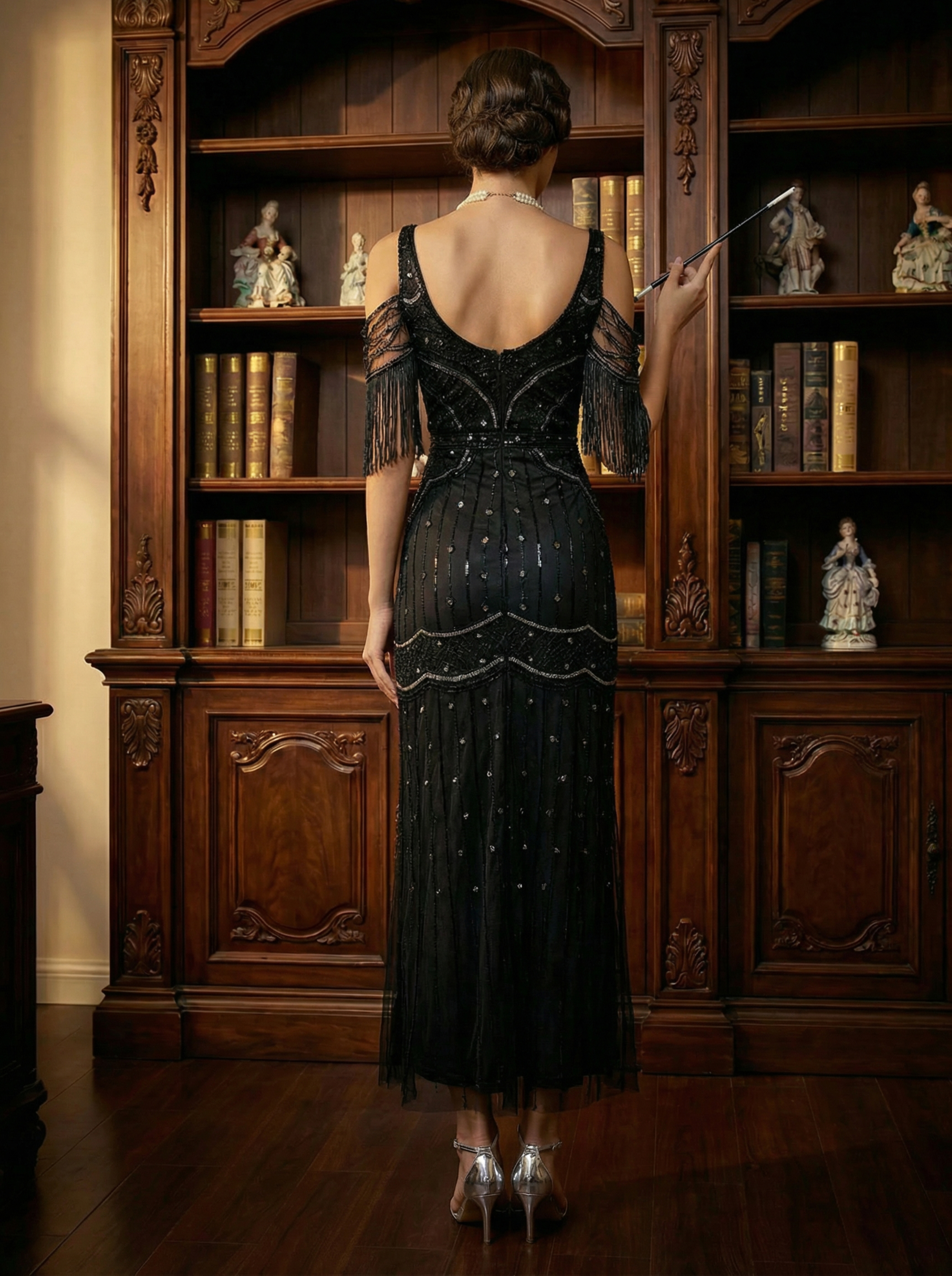 Black 1920s Bishop Sleeve Sequin Tassel Evening Gown