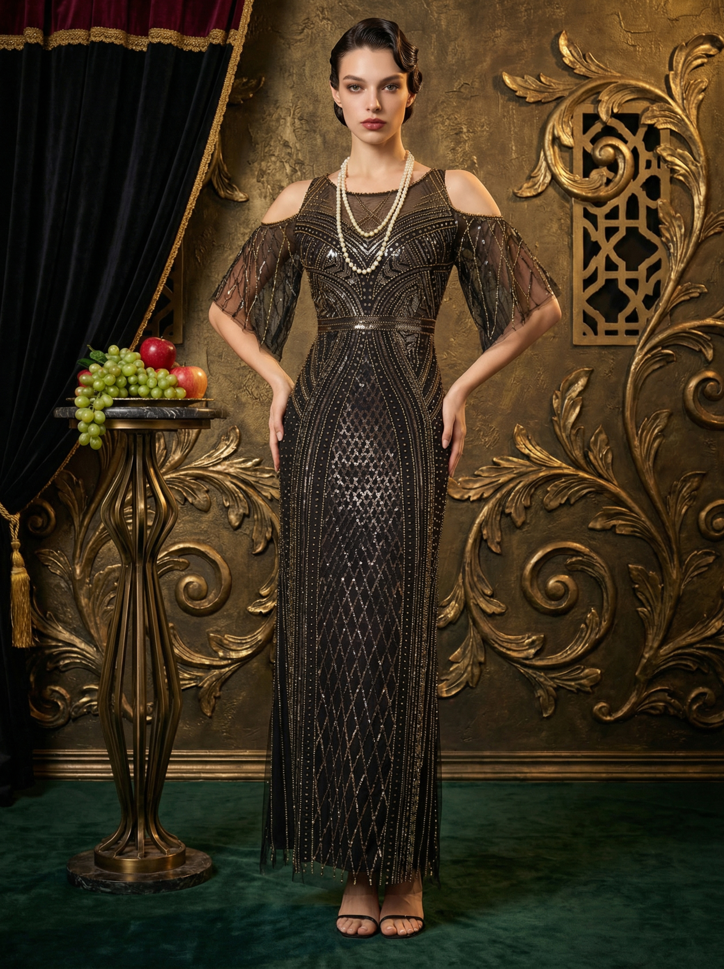 Long Black Vintage 1920s Dress with Bishop Sleeves and Round Neck