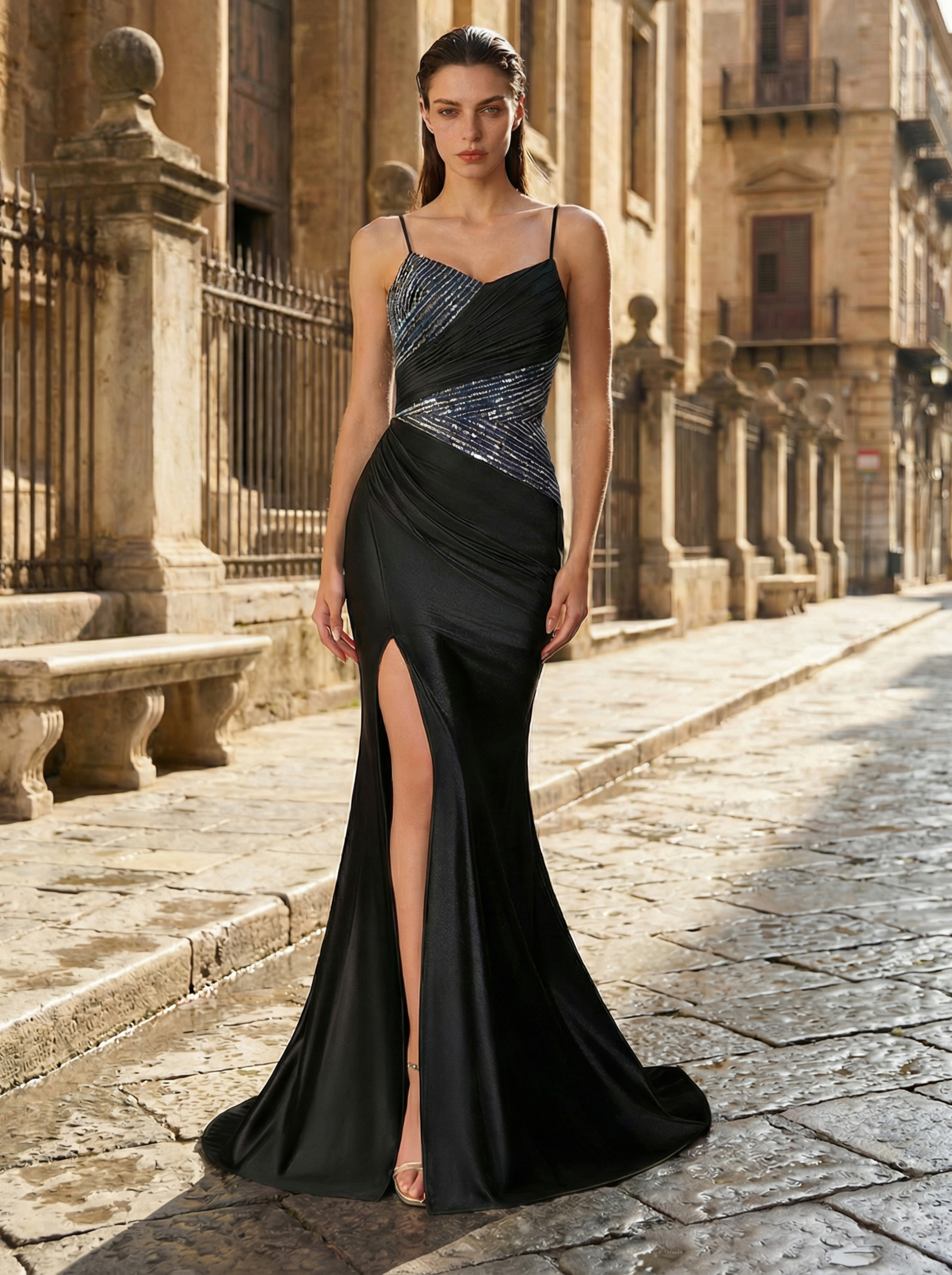 Elegant Beaded Black Mermaid Gown with a Deep V-Neck