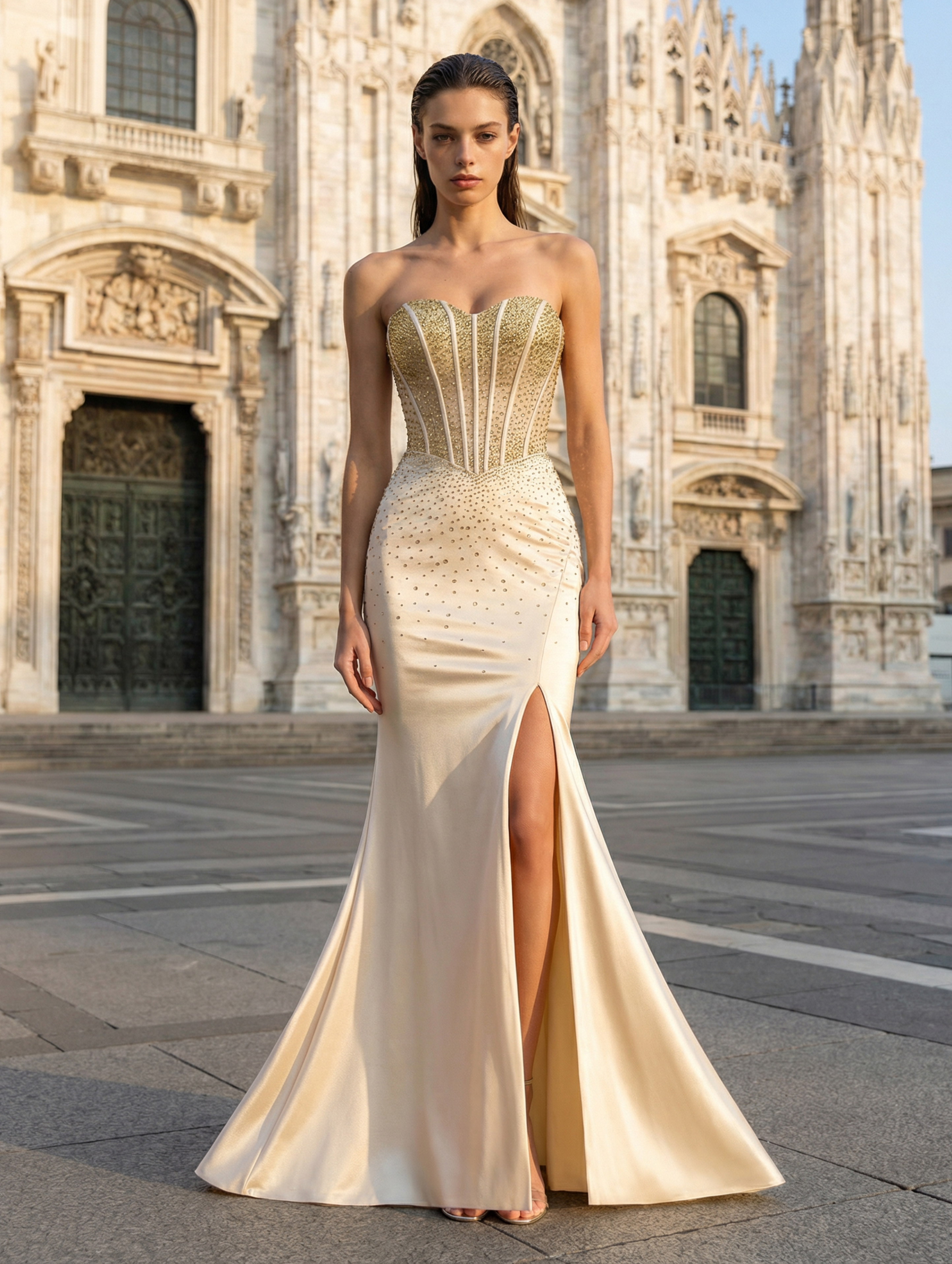 Luxurious Champagne Sequin Mermaid Prom Dress with Beaded Details