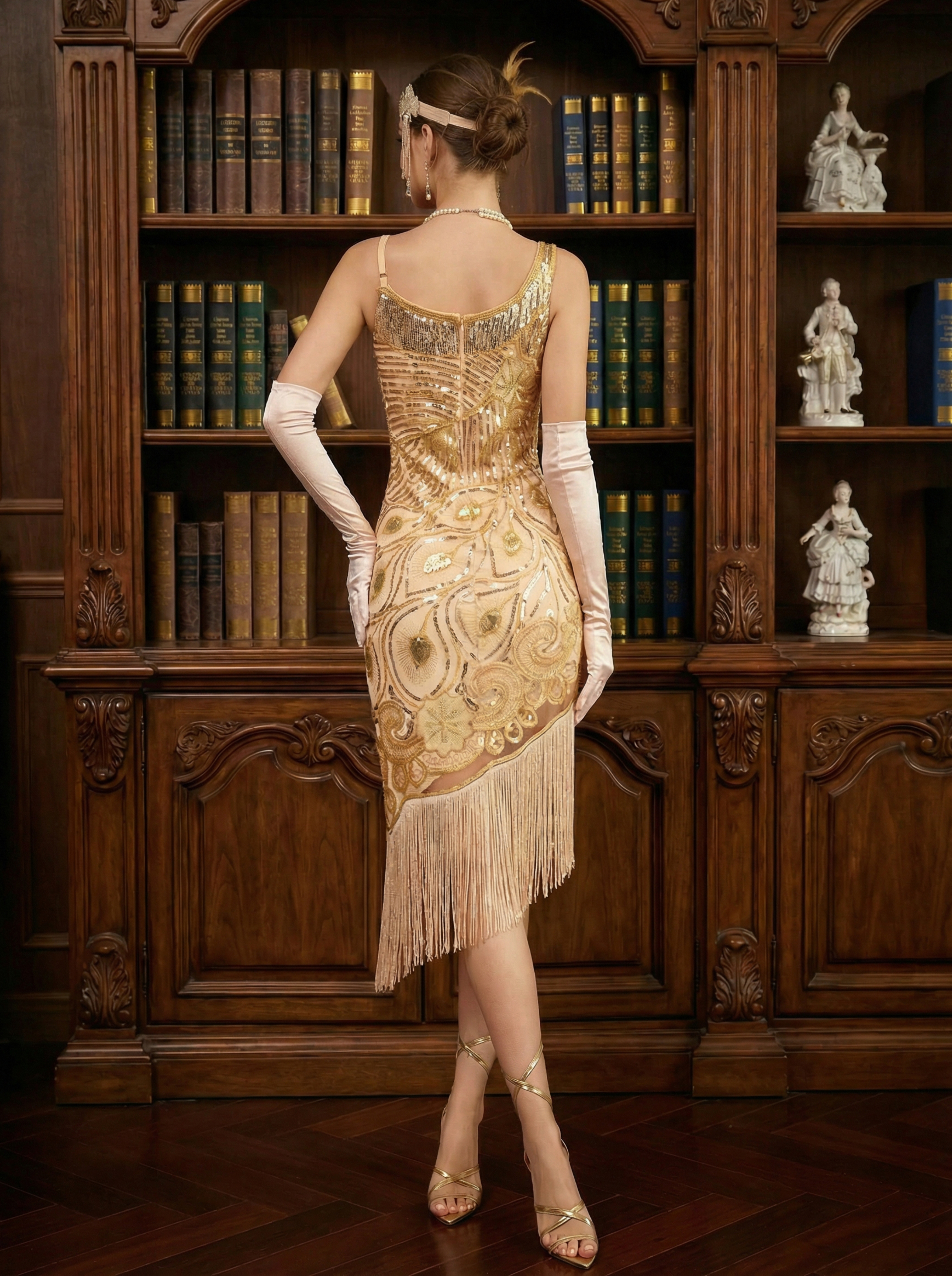 Vintage Champagne 1920s Sequin Fringe Cocktail Dress