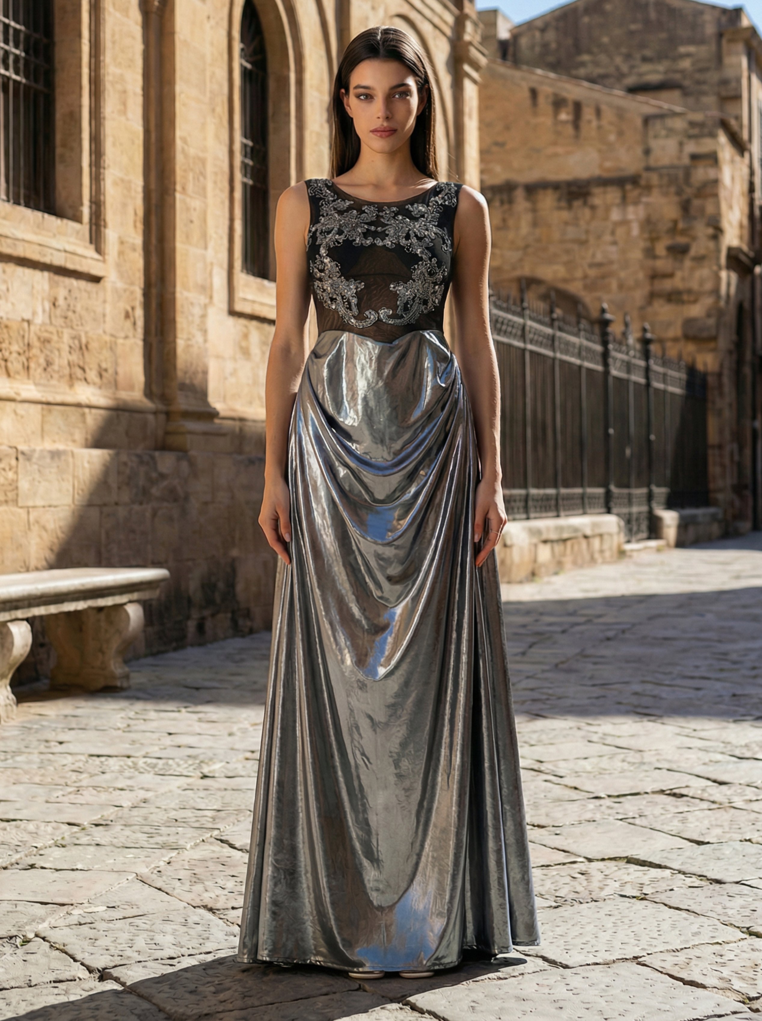 Elegant Silver Beaded and Sequined V-Neck Evening Gown