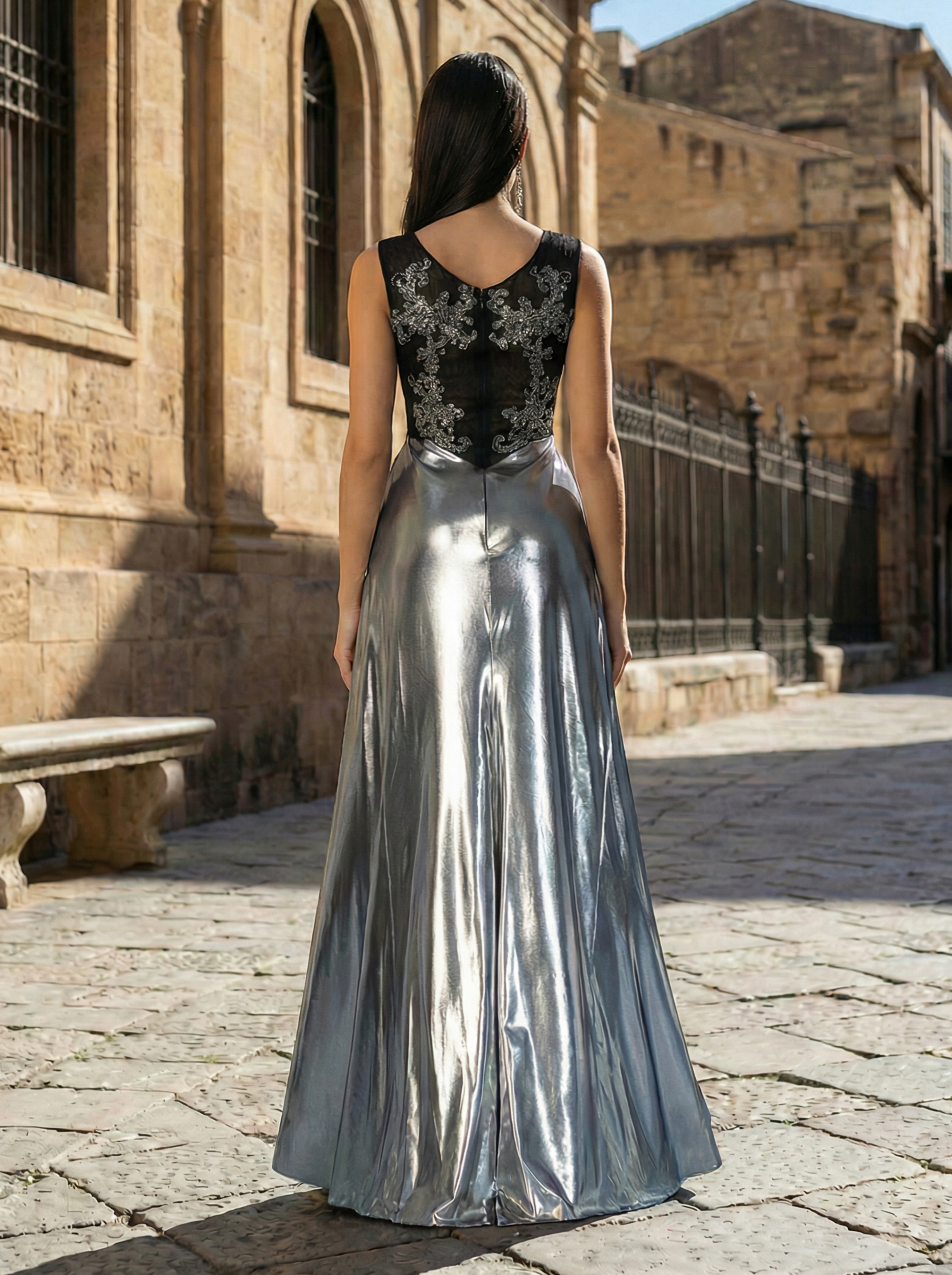 Elegant Silver Beaded and Sequined V-Neck Evening Gown