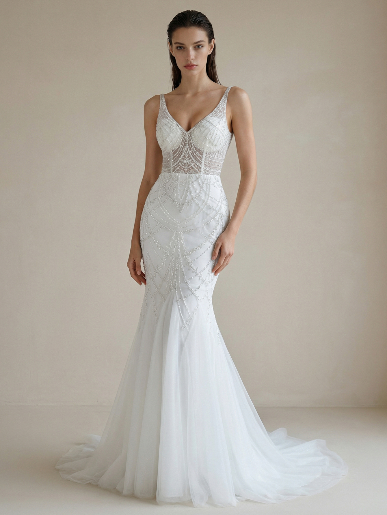 Mermaid V Neck Wedding Dress with Beading