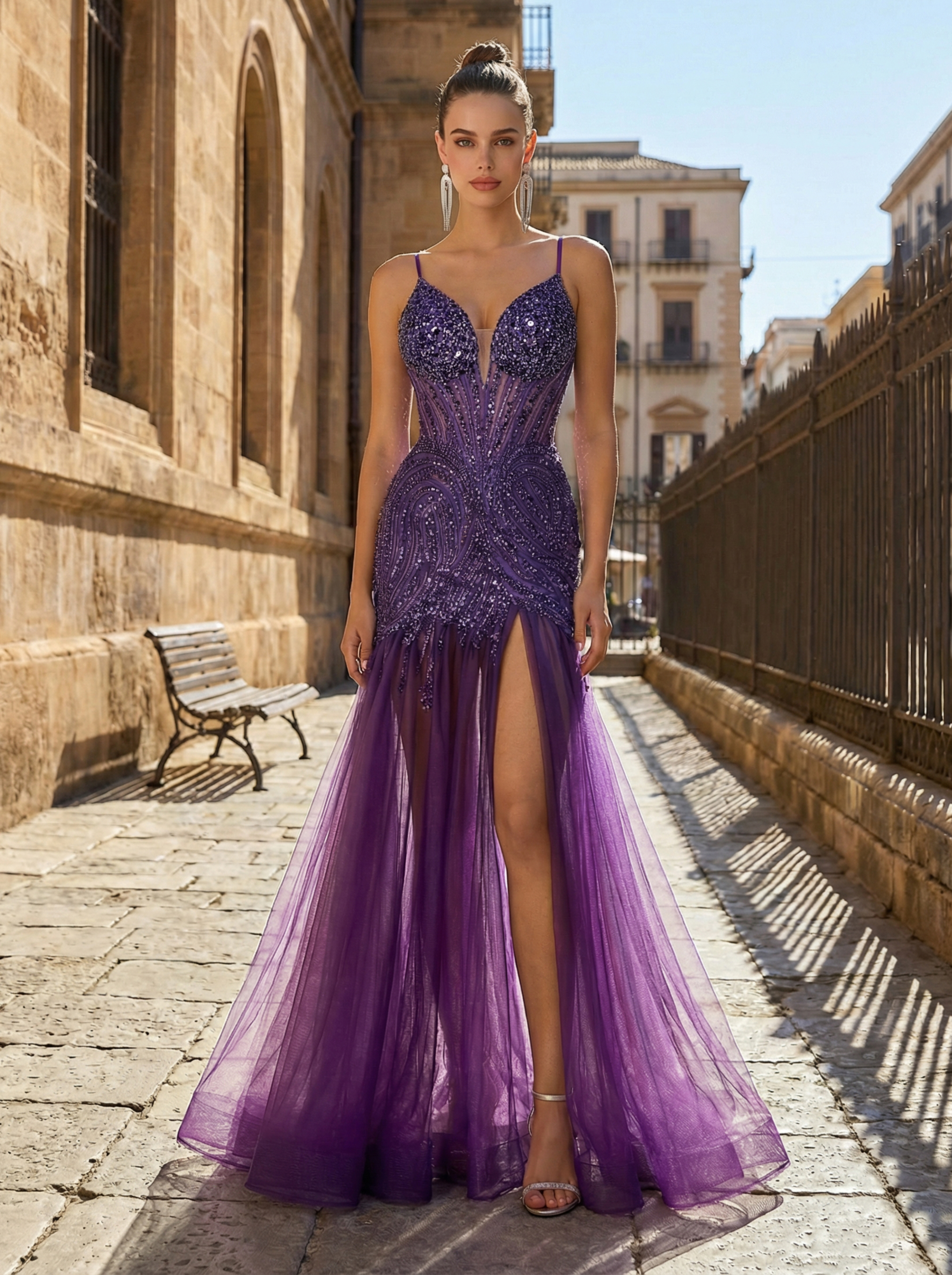 Elegant Grape Beaded Tulle Prom Dress with Off-Shoulder Design