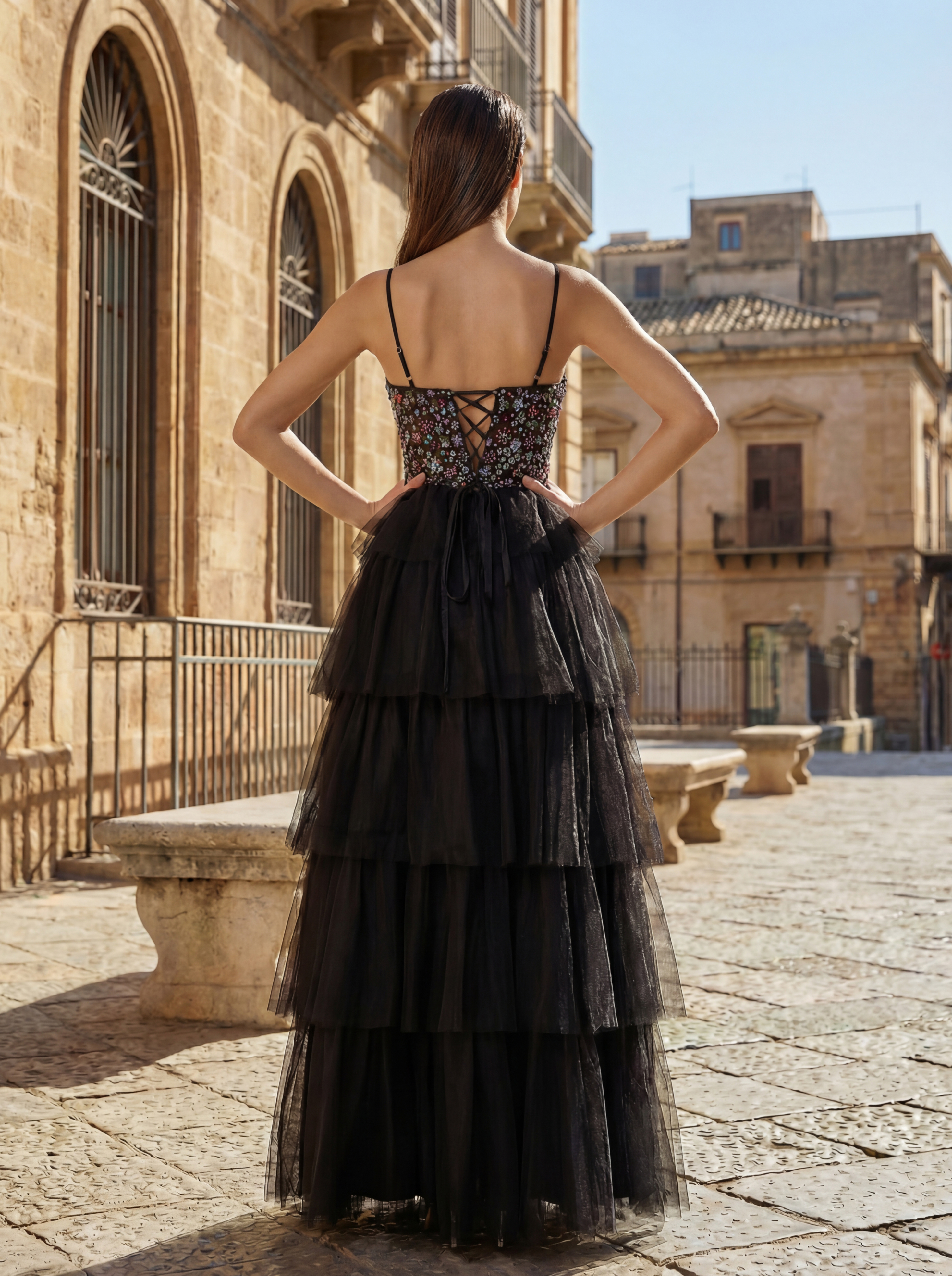 Elegant Colorful Beaded Ruffled Tiered Tulle Ball Gown with Slit