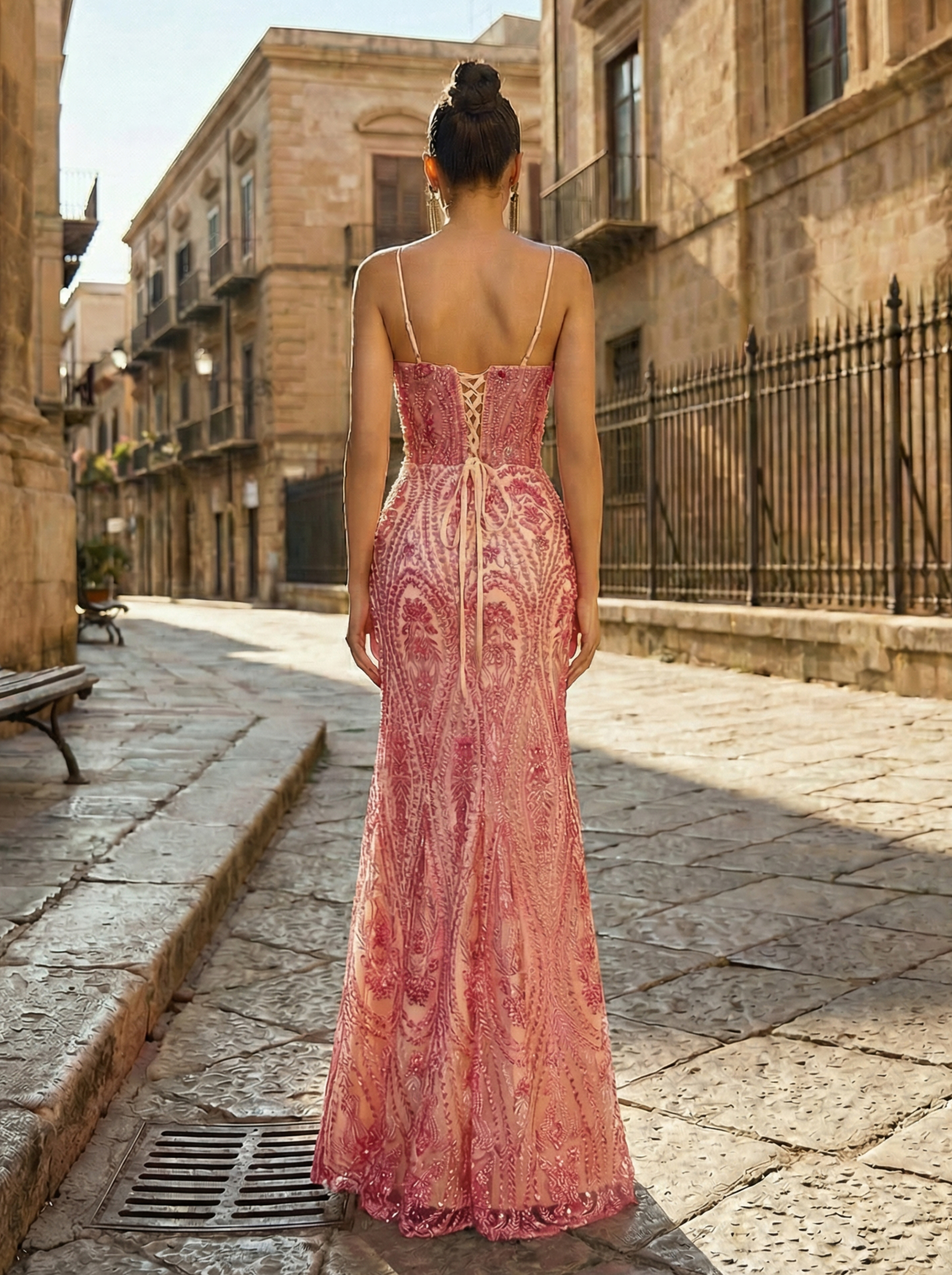 Statement Gown Featuring Metallic Sequins and Dynamic Draped Details