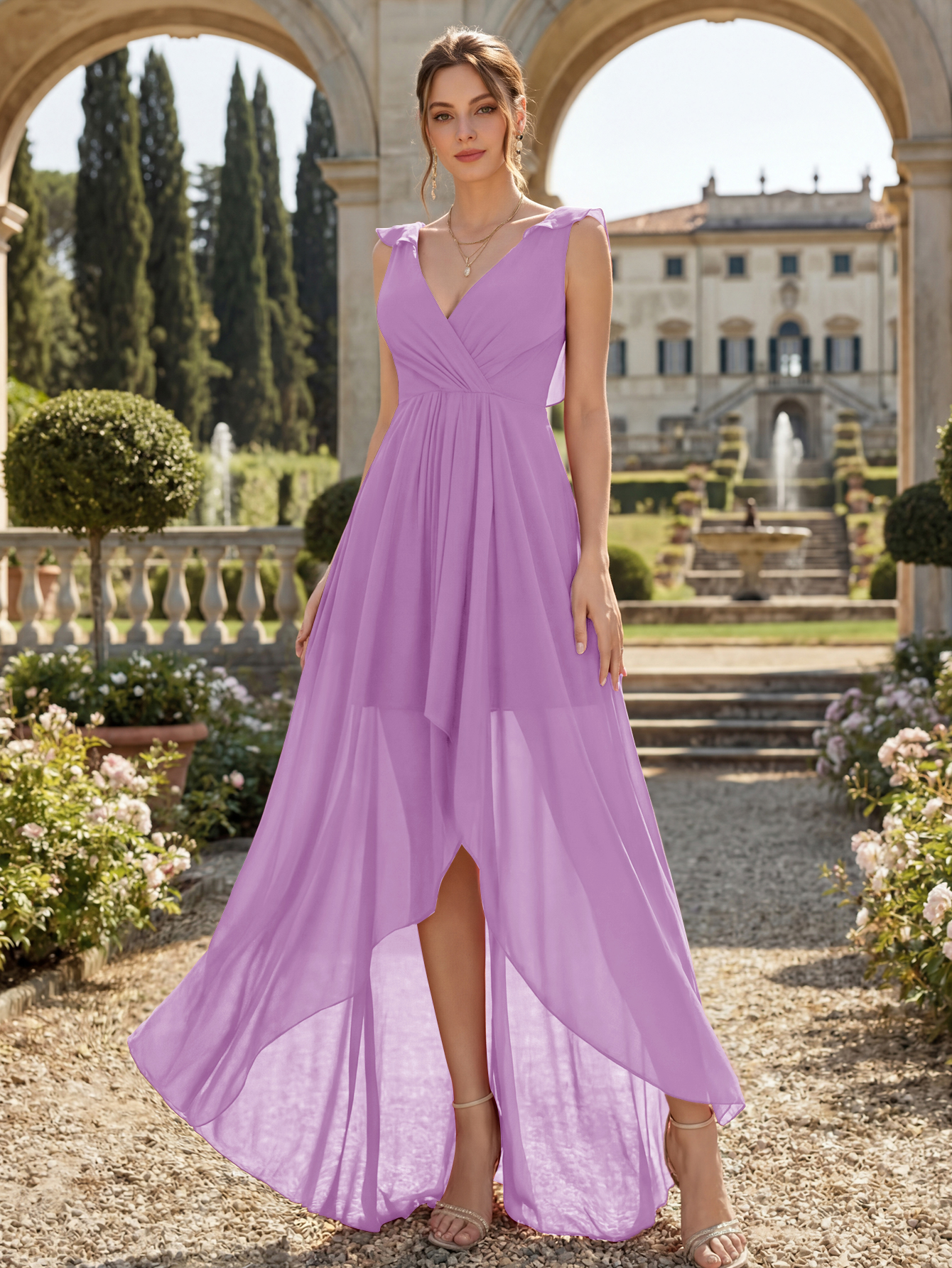 V-Neck High-Low Chiffon Bridesmaid Dress