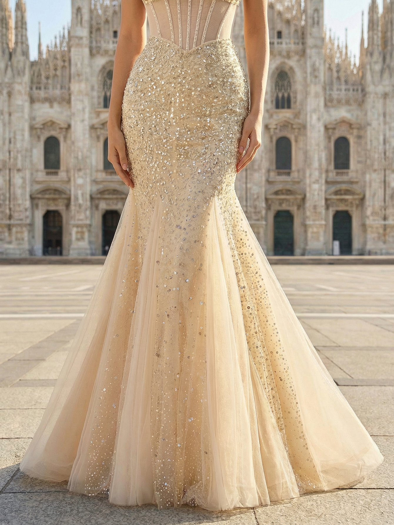 Luxurious Heavily Beaded Mermaid Gown with Hand-Sewn Crystals on Tulle