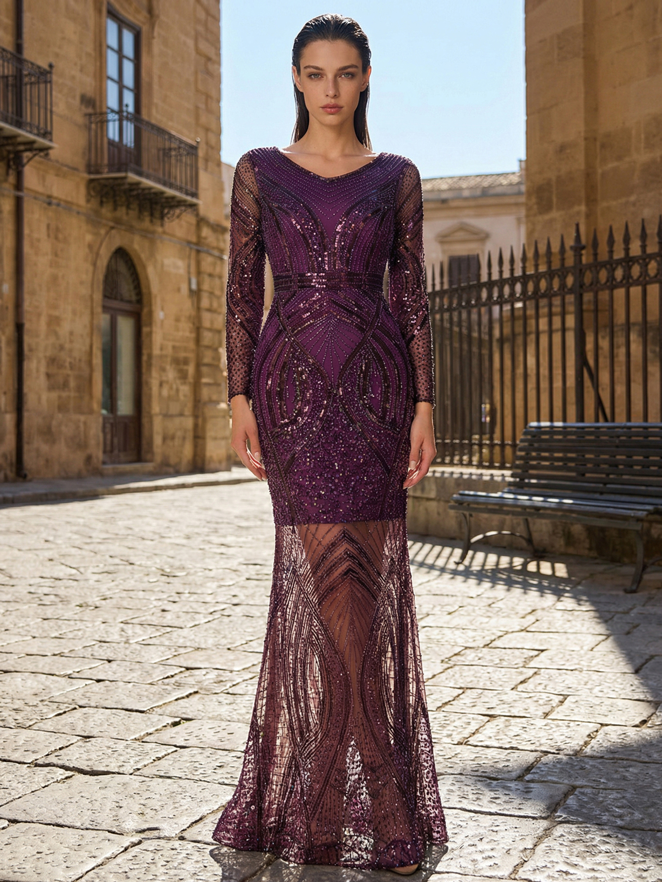 Luxurious Mermaid V Neck Long Sleeve Prom Dress with Beading