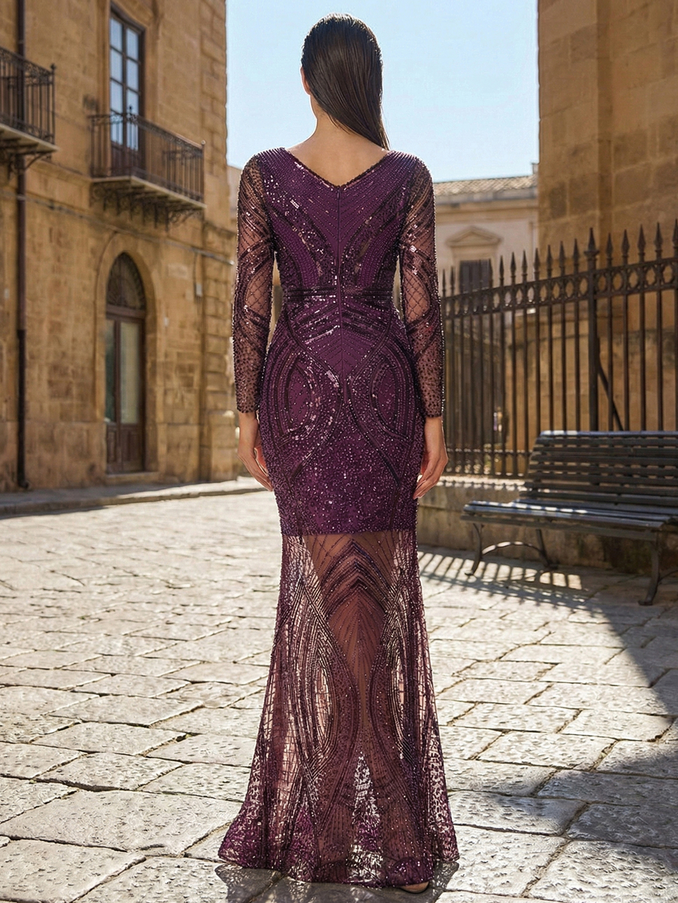Luxurious Mermaid V Neck Long Sleeve Prom Dress with Beading