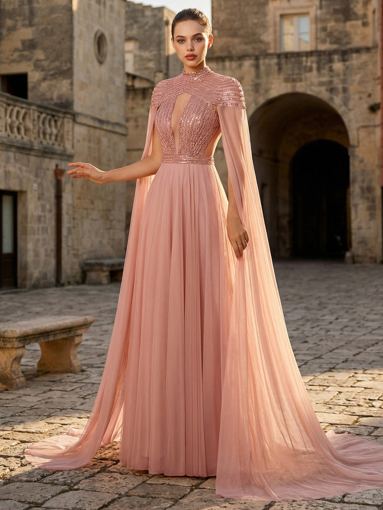 Luxury Elegant Beading Extra-Long Sleeve Formal Evening Gown