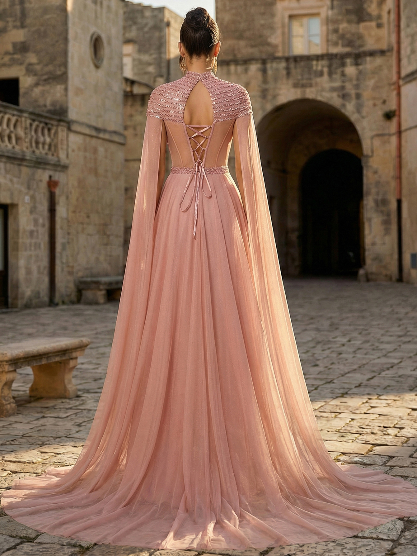 Luxury Elegant Beading Extra-Long Sleeve Formal Evening Gown
