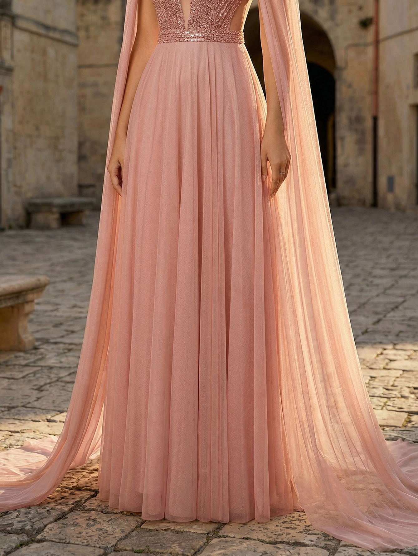 Luxury Elegant Beading Extra-Long Sleeve Formal Evening Gown