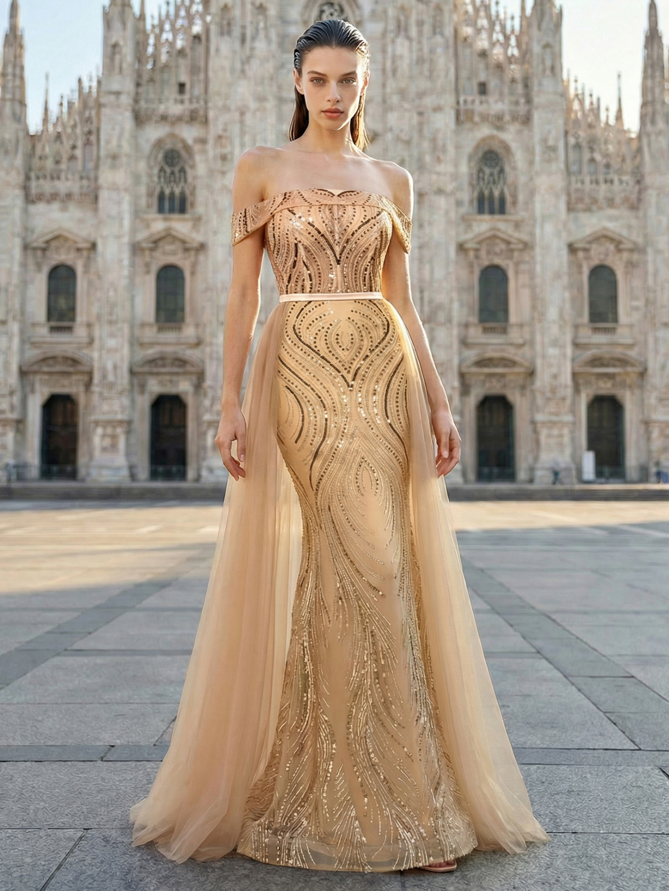 Luxury Elegant Off The Shoulder Tulle Beading Formal Evening Gown