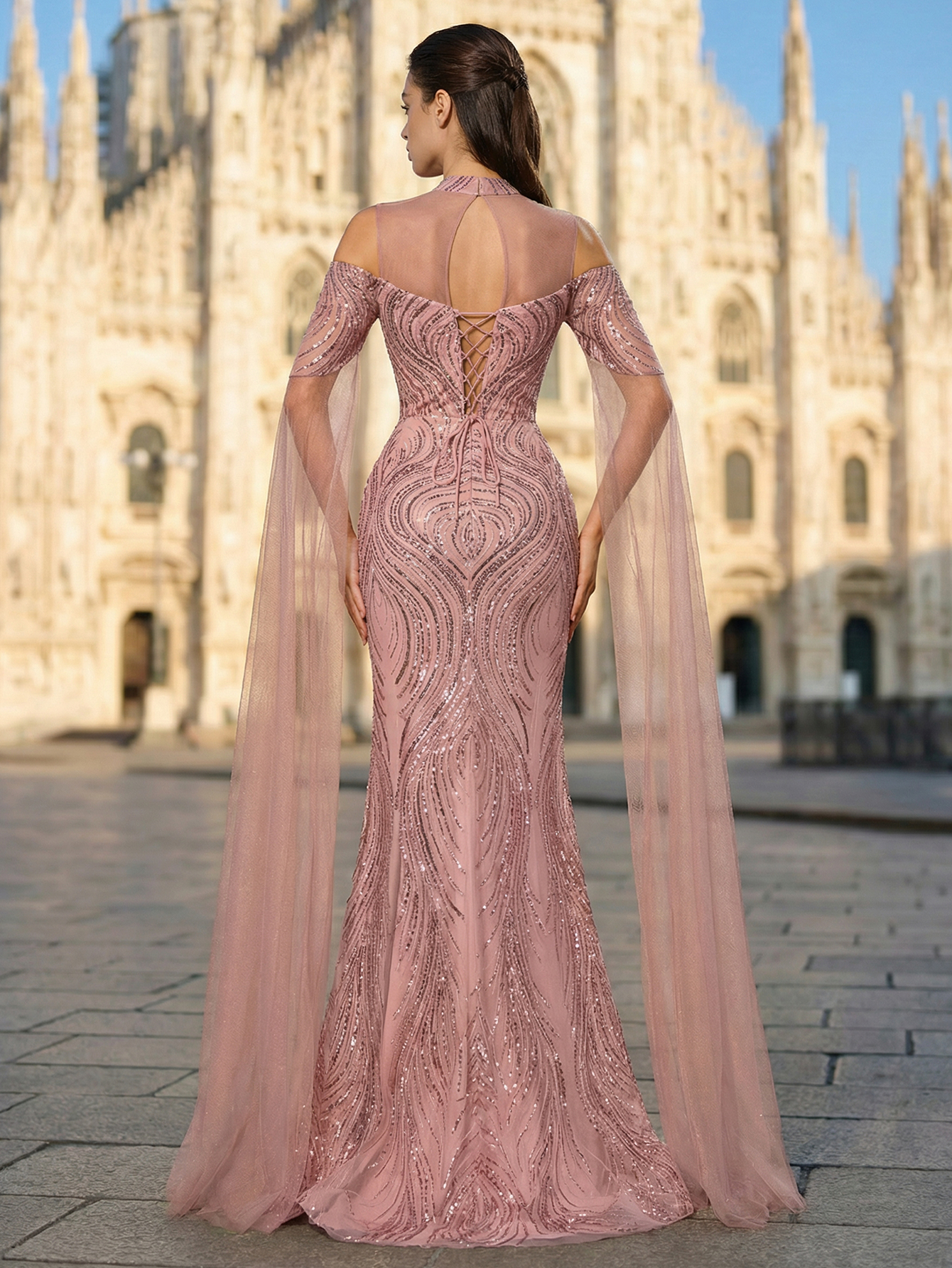 Luxury Elegant Tulle Beading Extra-Long Sleeve Formal Evening Gown