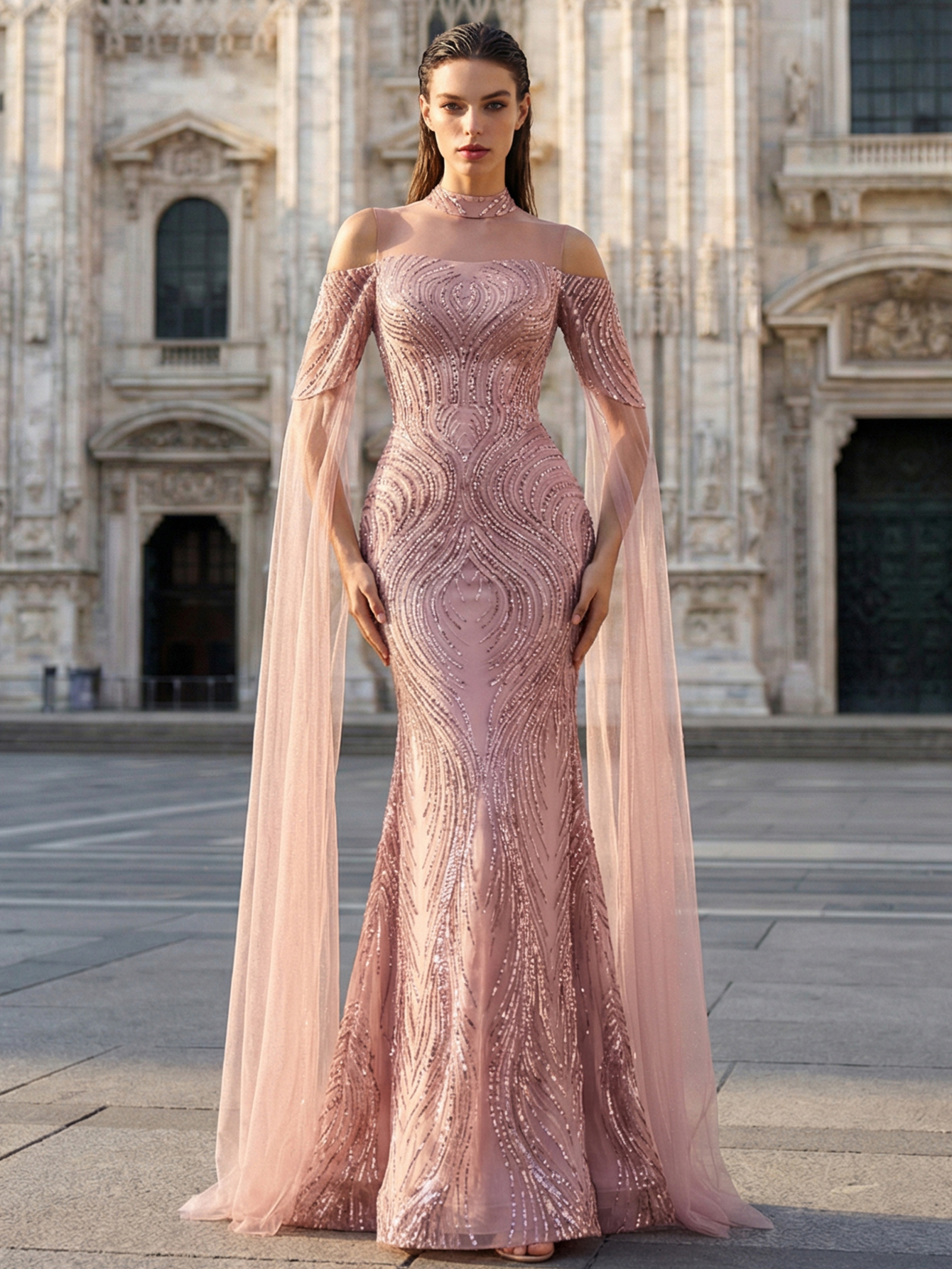 Luxury Elegant Tulle Beading Extra-Long Sleeve Formal Evening Gown