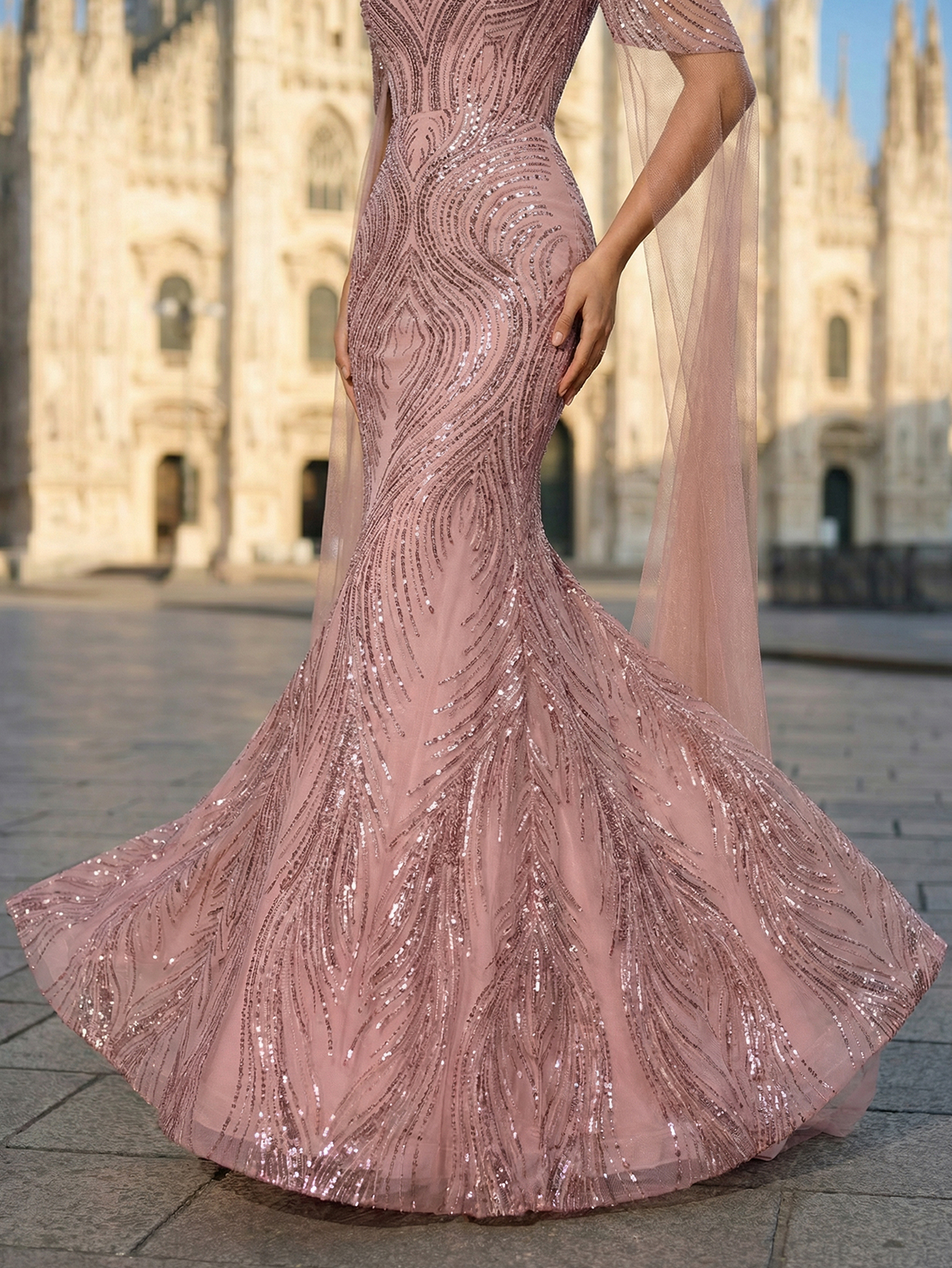 Luxury Elegant Tulle Beading Extra-Long Sleeve Formal Evening Gown