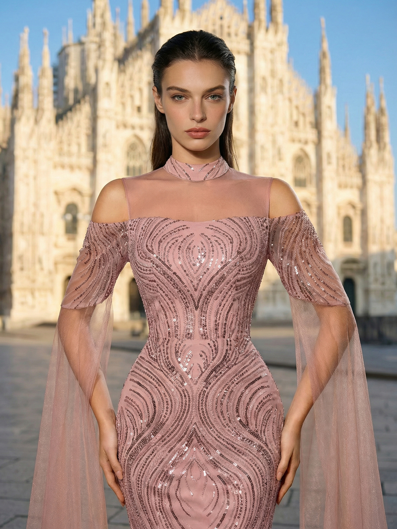 Luxury Elegant Tulle Beading Extra-Long Sleeve Formal Evening Gown