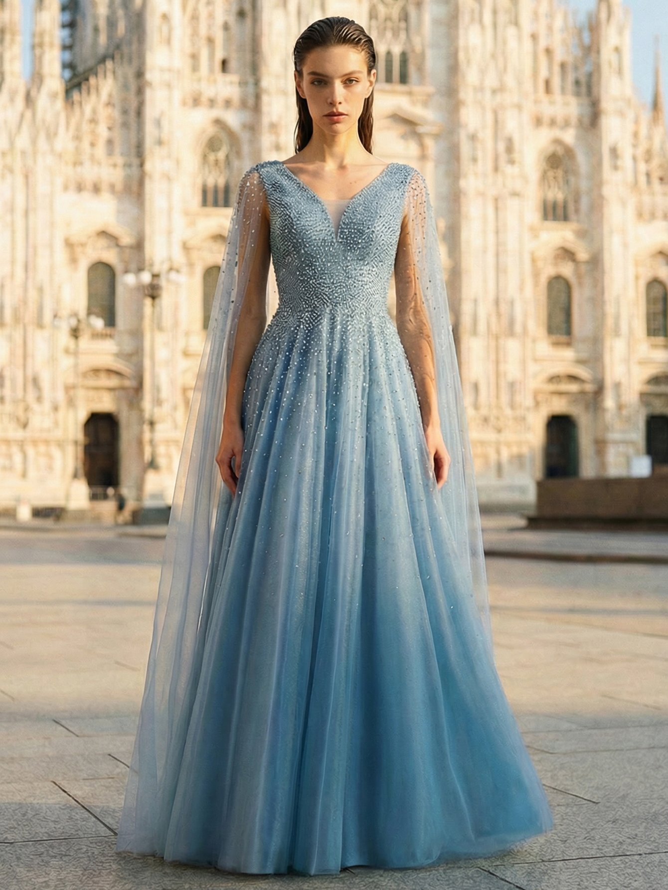 Luxury Elegant V Neck Beading Extra-Long Sleeve Formal Evening Gown