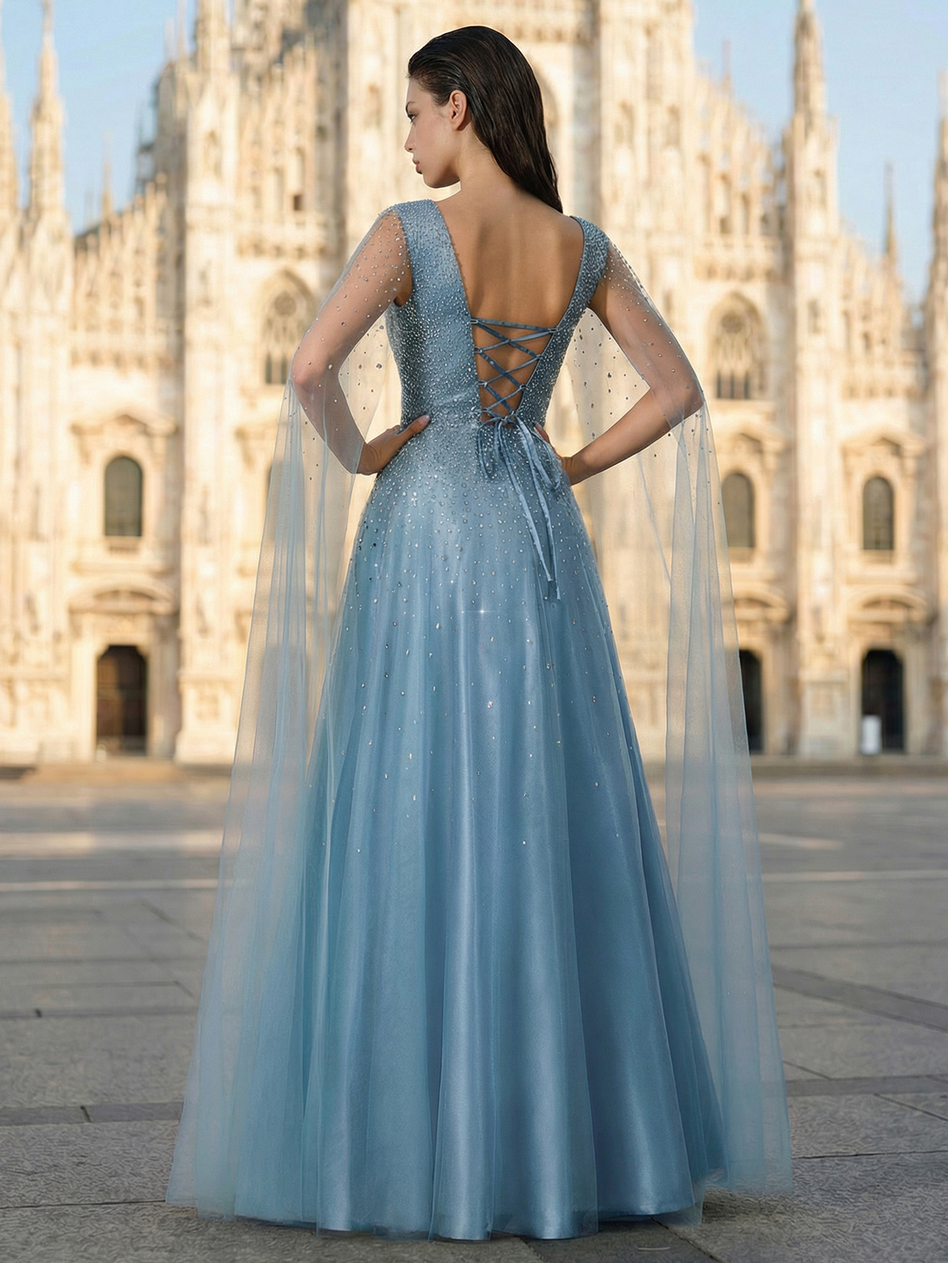 Luxury Elegant V Neck Beading Extra-Long Sleeve Formal Evening Gown