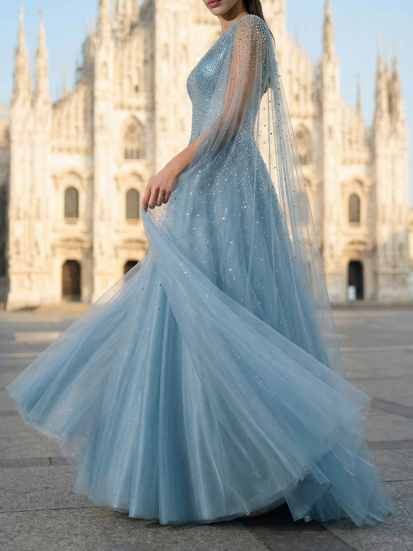 Luxury Elegant V Neck Beading Extra-Long Sleeve Formal Evening Gown