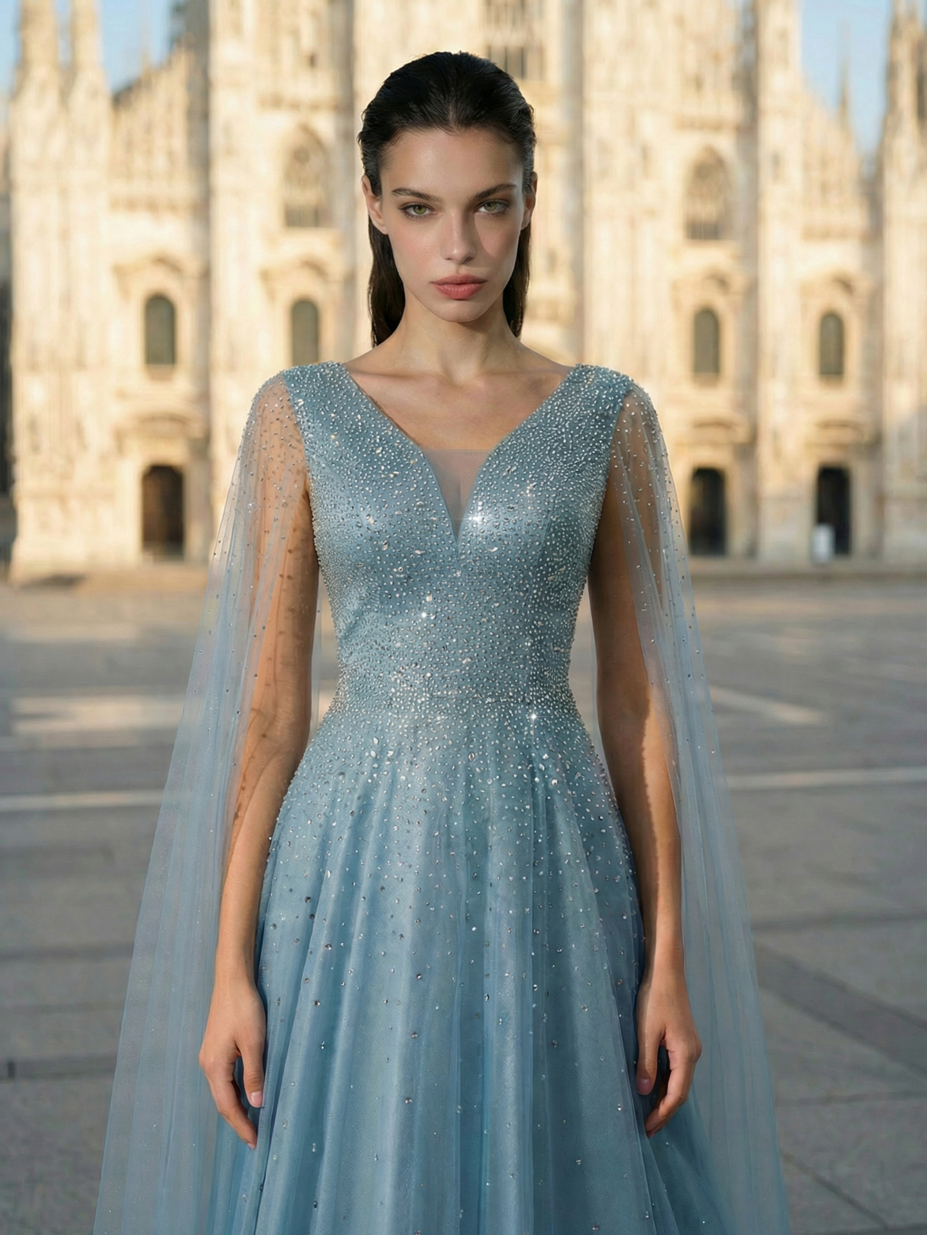 Luxury Elegant V Neck Beading Extra-Long Sleeve Formal Evening Gown