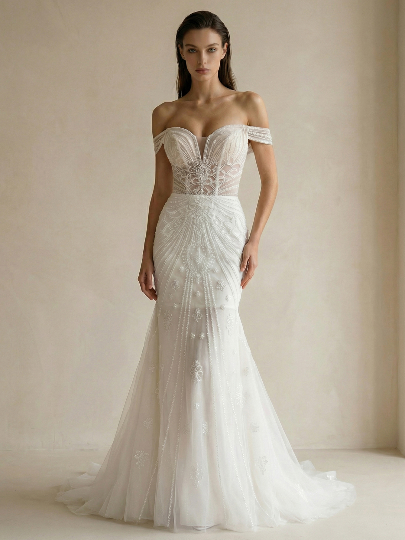 Mermaid Off the Shoulder Tulle Wedding Dress with Beading