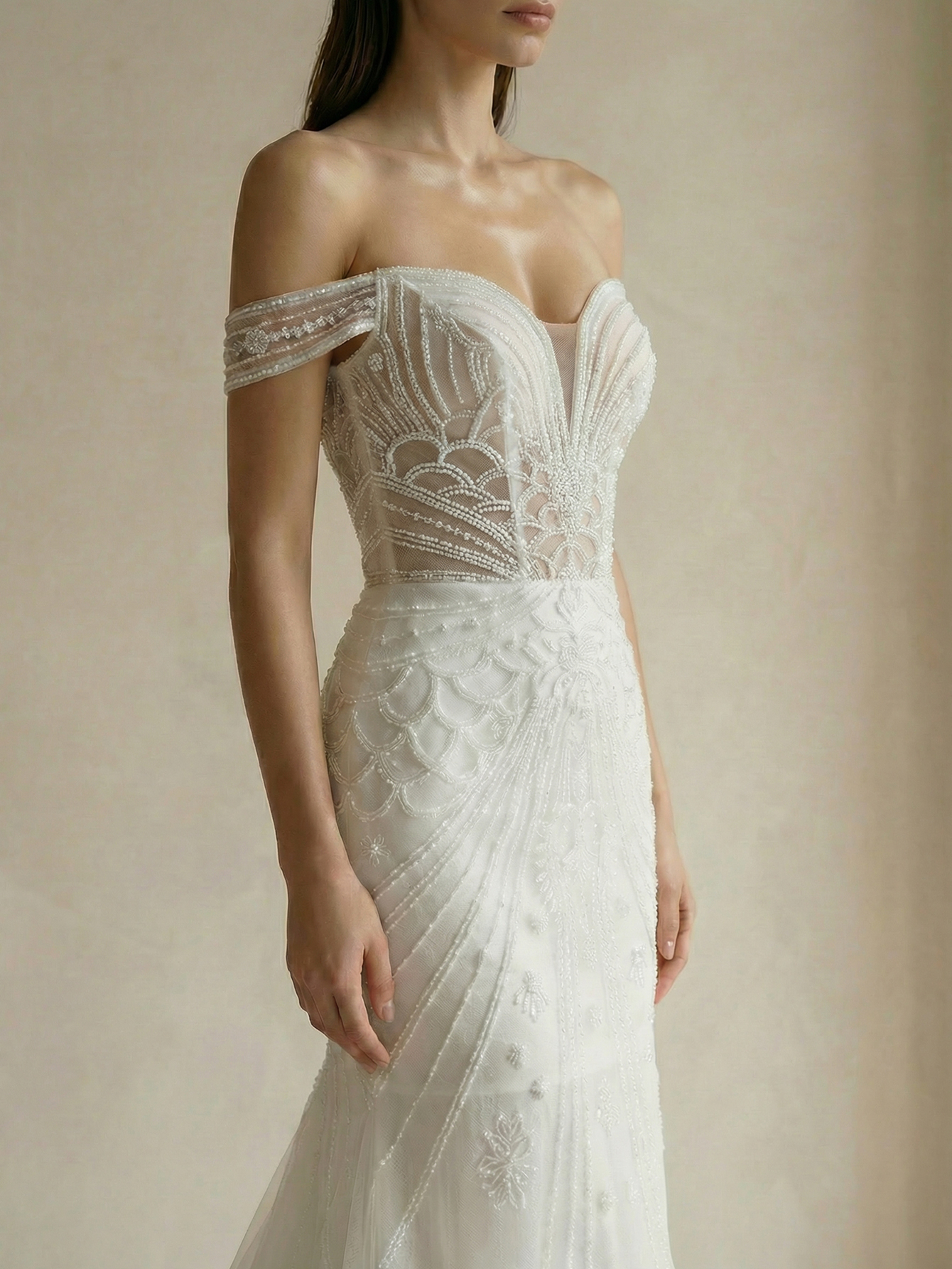 Mermaid Off the Shoulder Tulle Wedding Dress with Beading