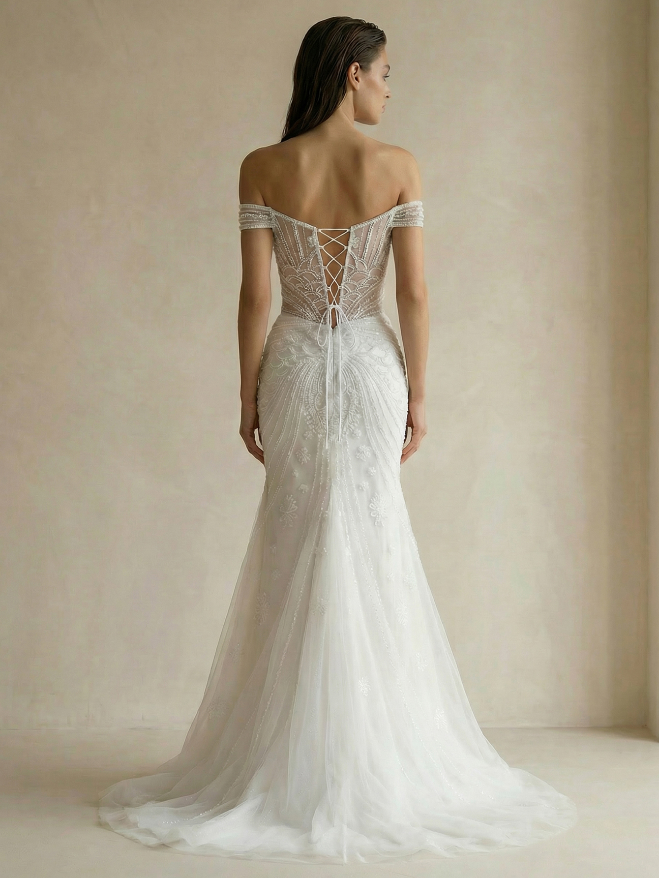 Mermaid Off the Shoulder Tulle Wedding Dress with Beading