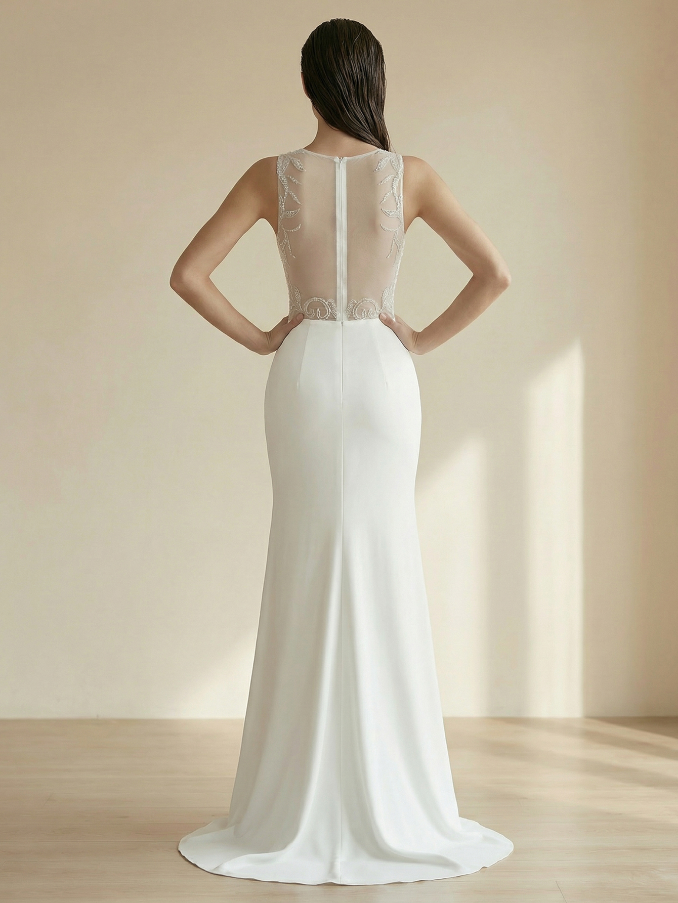 Mermaid Round Neck Wedding Dress with Beading