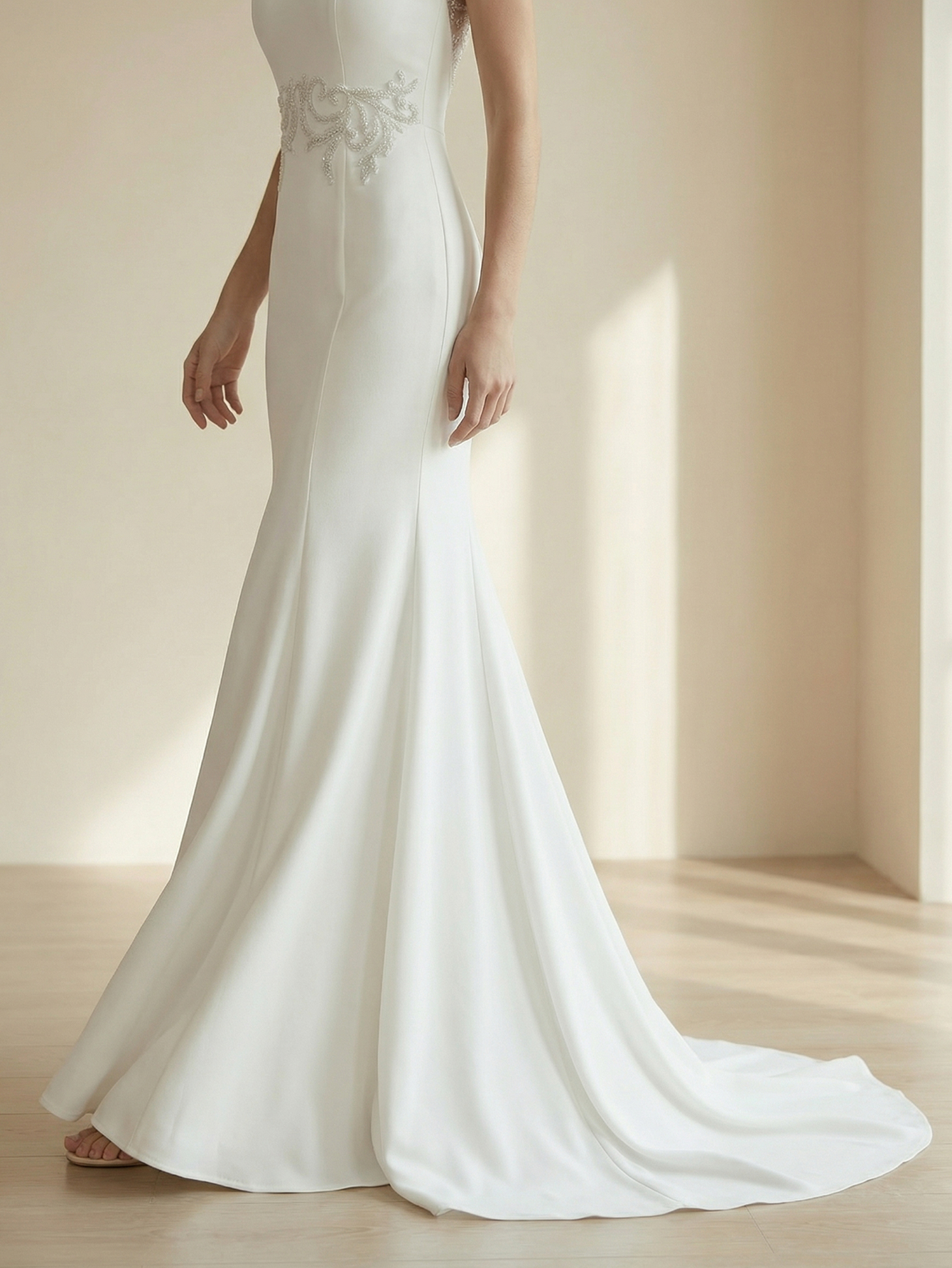 Mermaid Round Neck Wedding Dress with Beading