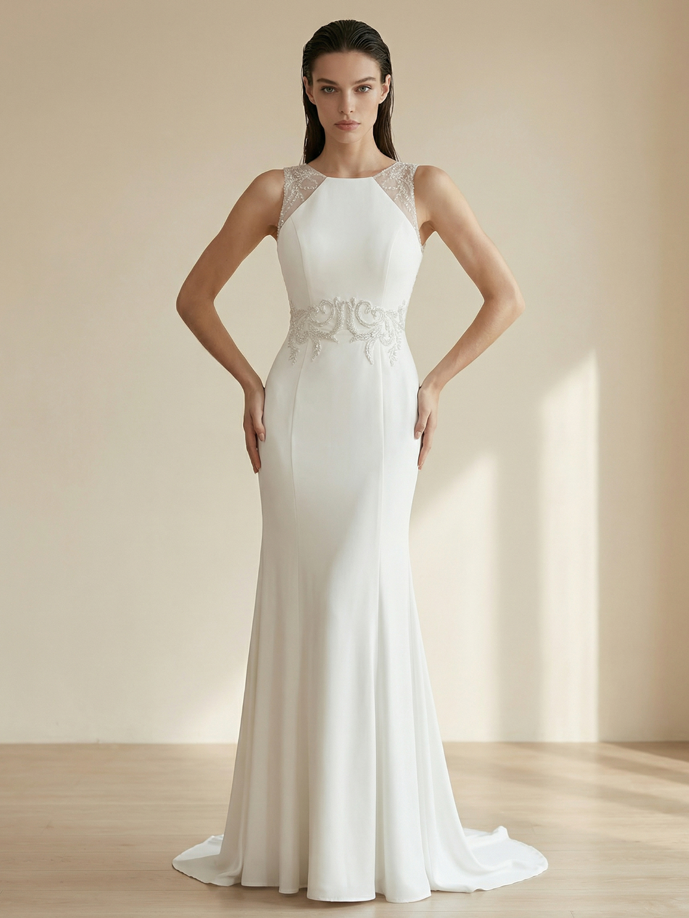 Mermaid Round Neck Wedding Dress with Beading
