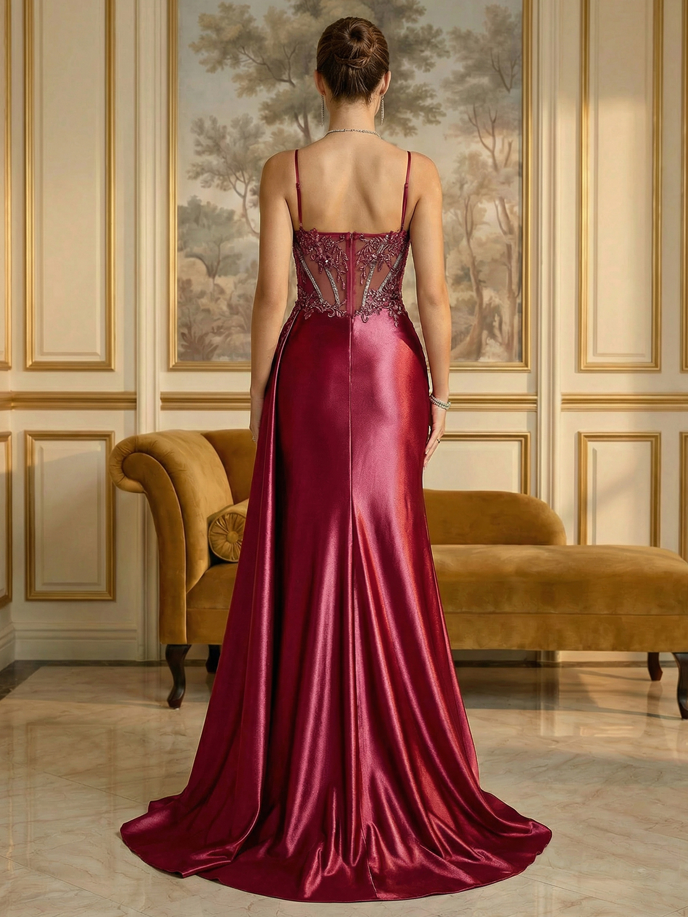 Mermaid Side Streamer Pleated Long Corset Satin Prom Dress With Appliqued Beading