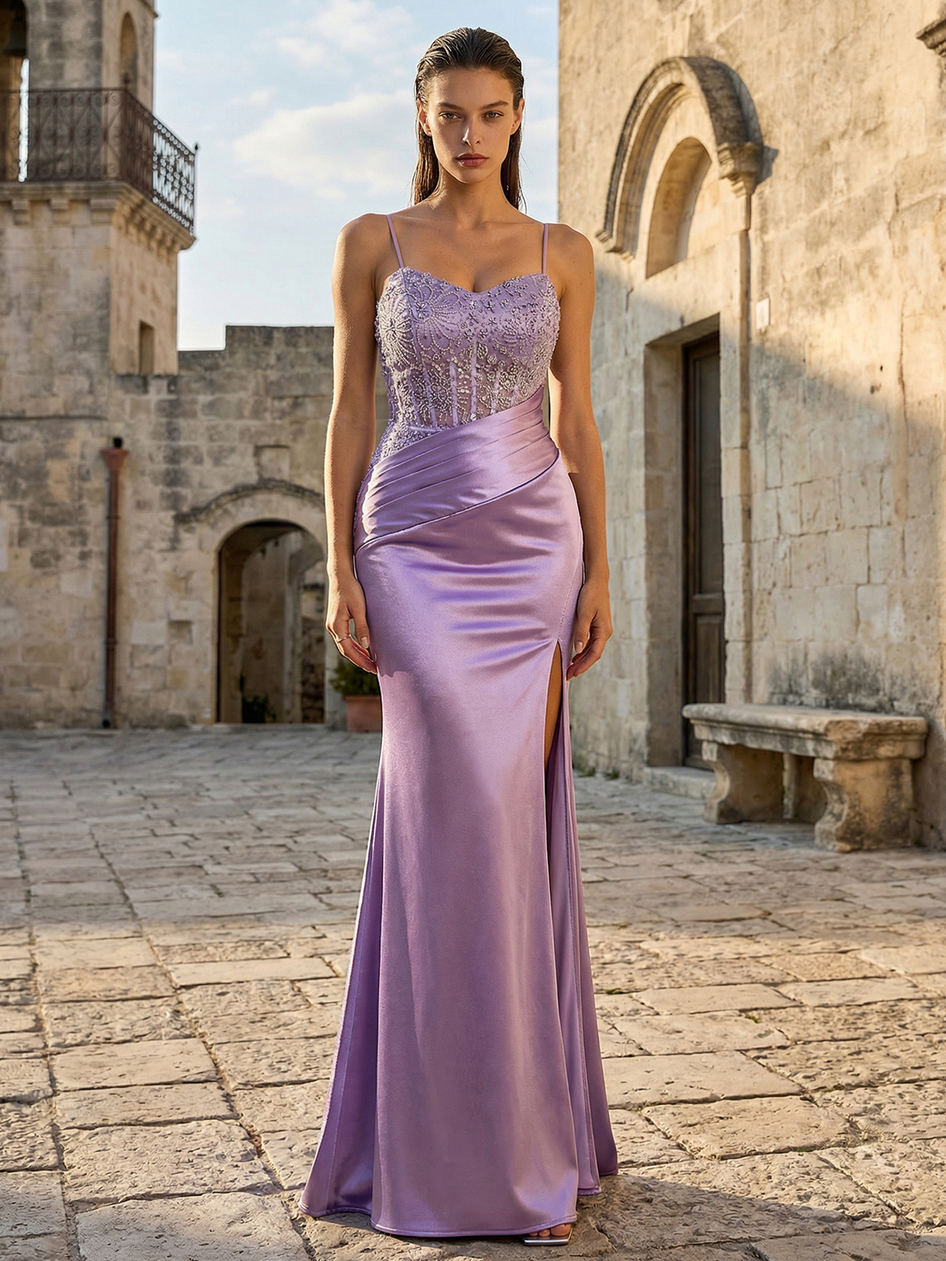 Mermaid Spaghetti Straps Lace-up Back Prom Dress With Slit