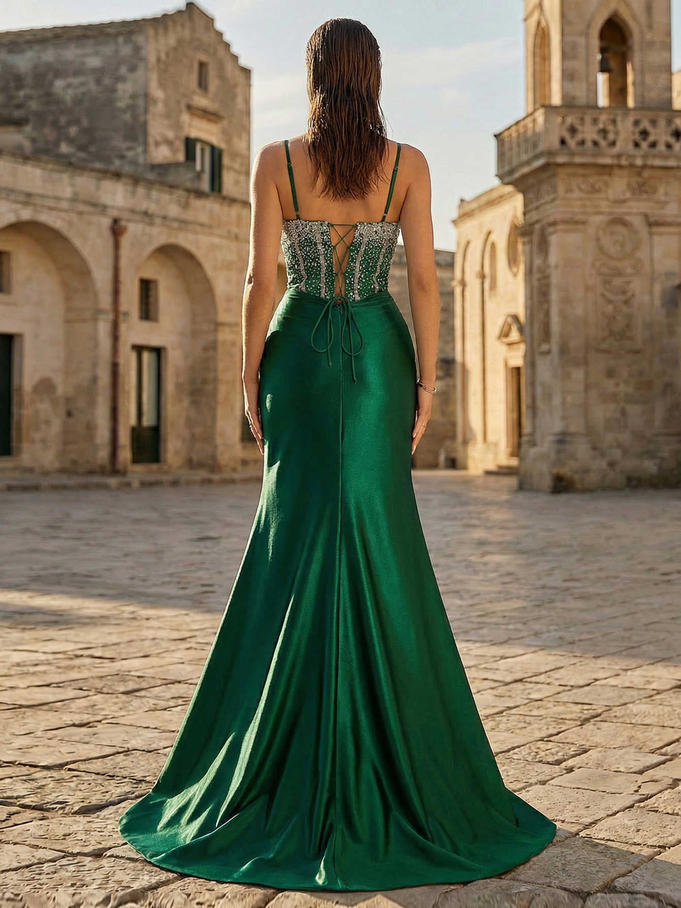 Mermaid Spaghetti Straps Lace-up Back Prom Dress With Slit