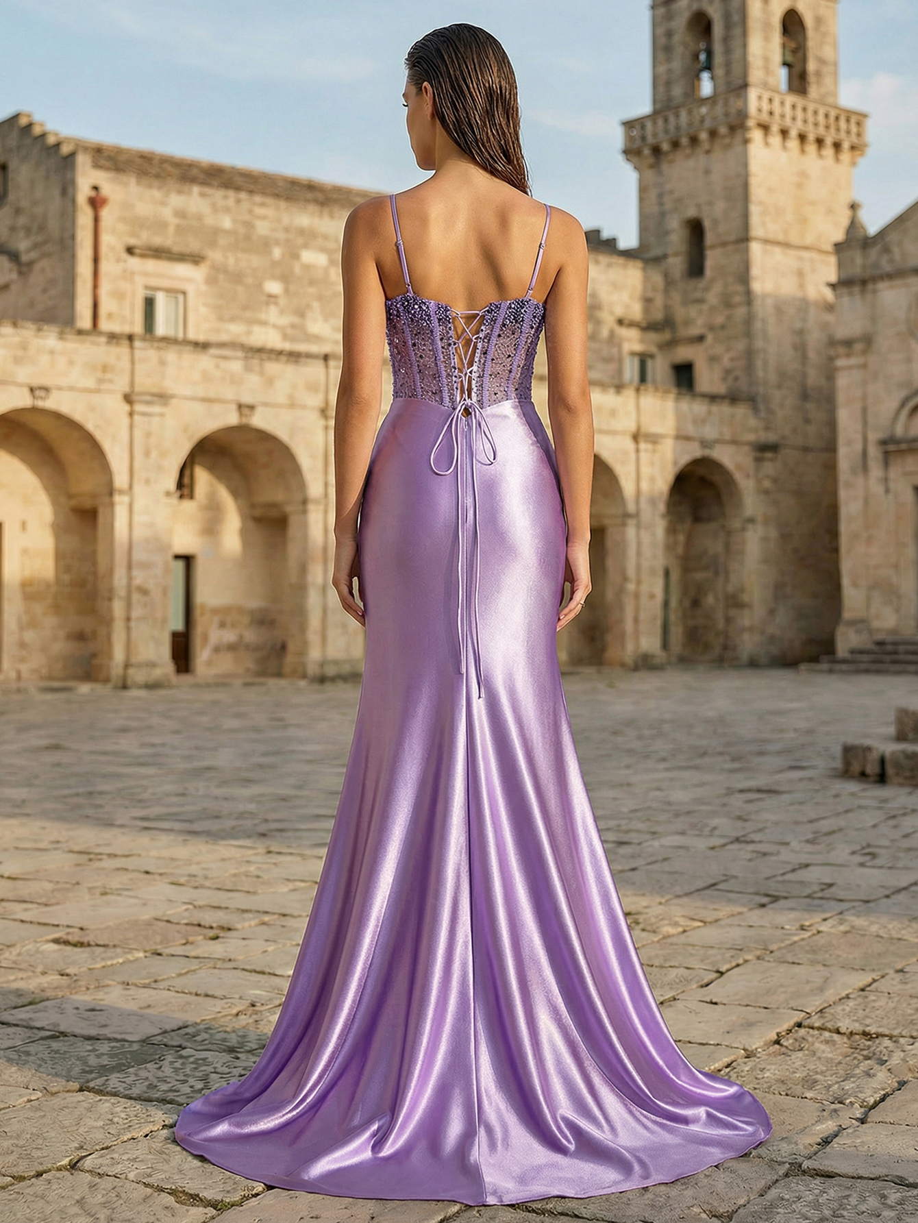 Mermaid Spaghetti Straps Lace-up Back Prom Dress With Slit