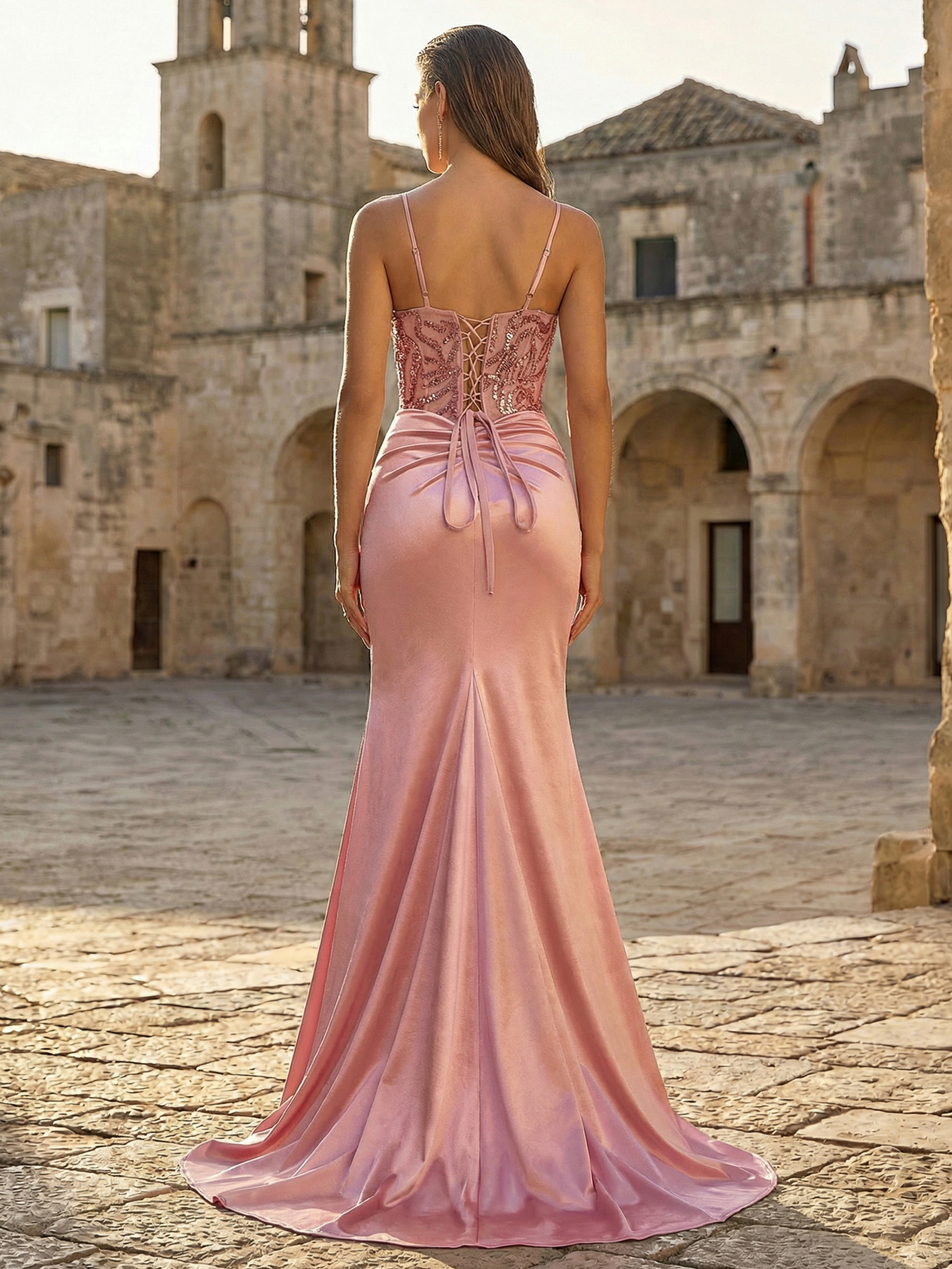 Mermaid Spaghetti Straps Lace-up Back Prom Dress With Slit