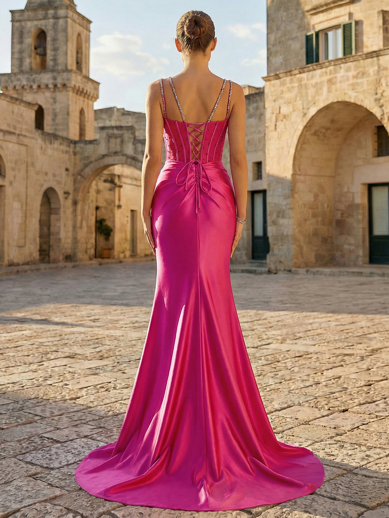 Mermaid Spaghetti Straps Sleeveless Corset Long Prom Dress with Slit