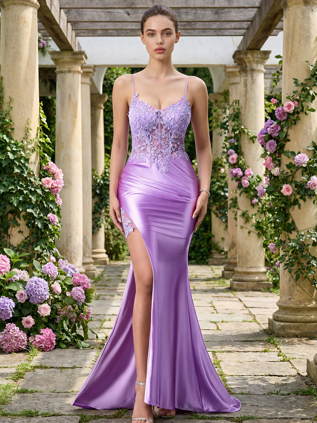 Mermaid Spaghetti Straps Sleeveless Long Prom Dress with Appliqued Beading