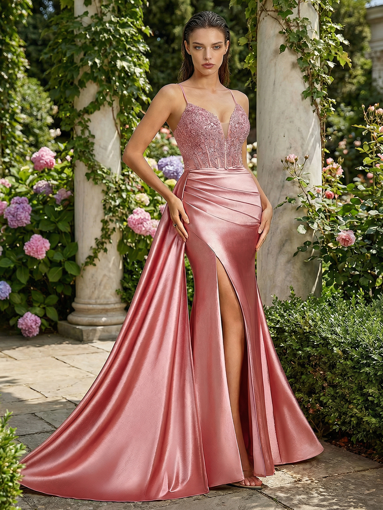 Mermaid Spaghetti Straps Sleeveless Long Prom Dress with Appliqued Beading