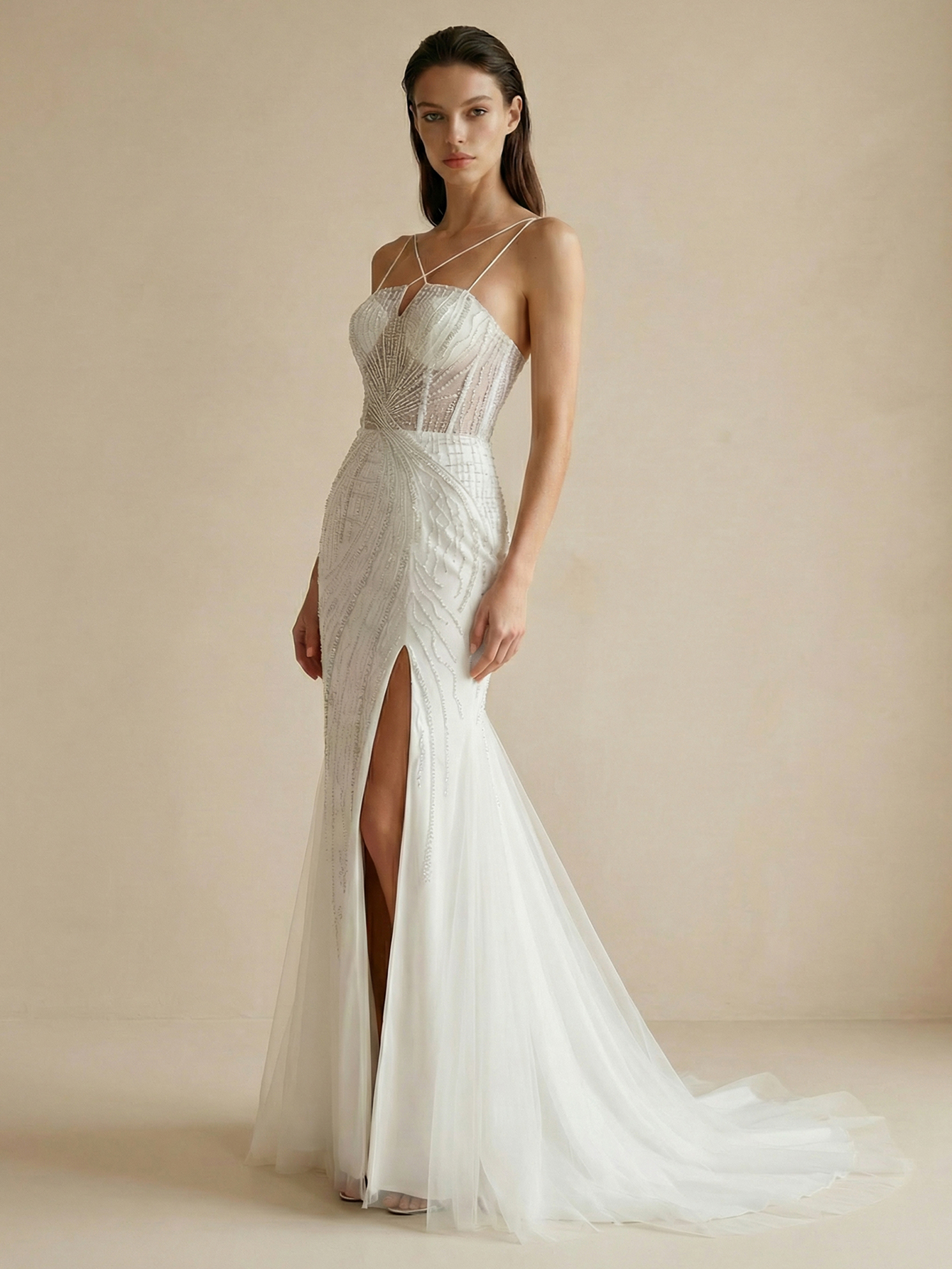 Mermaid Spaghetti Straps Wedding Dress with Beading