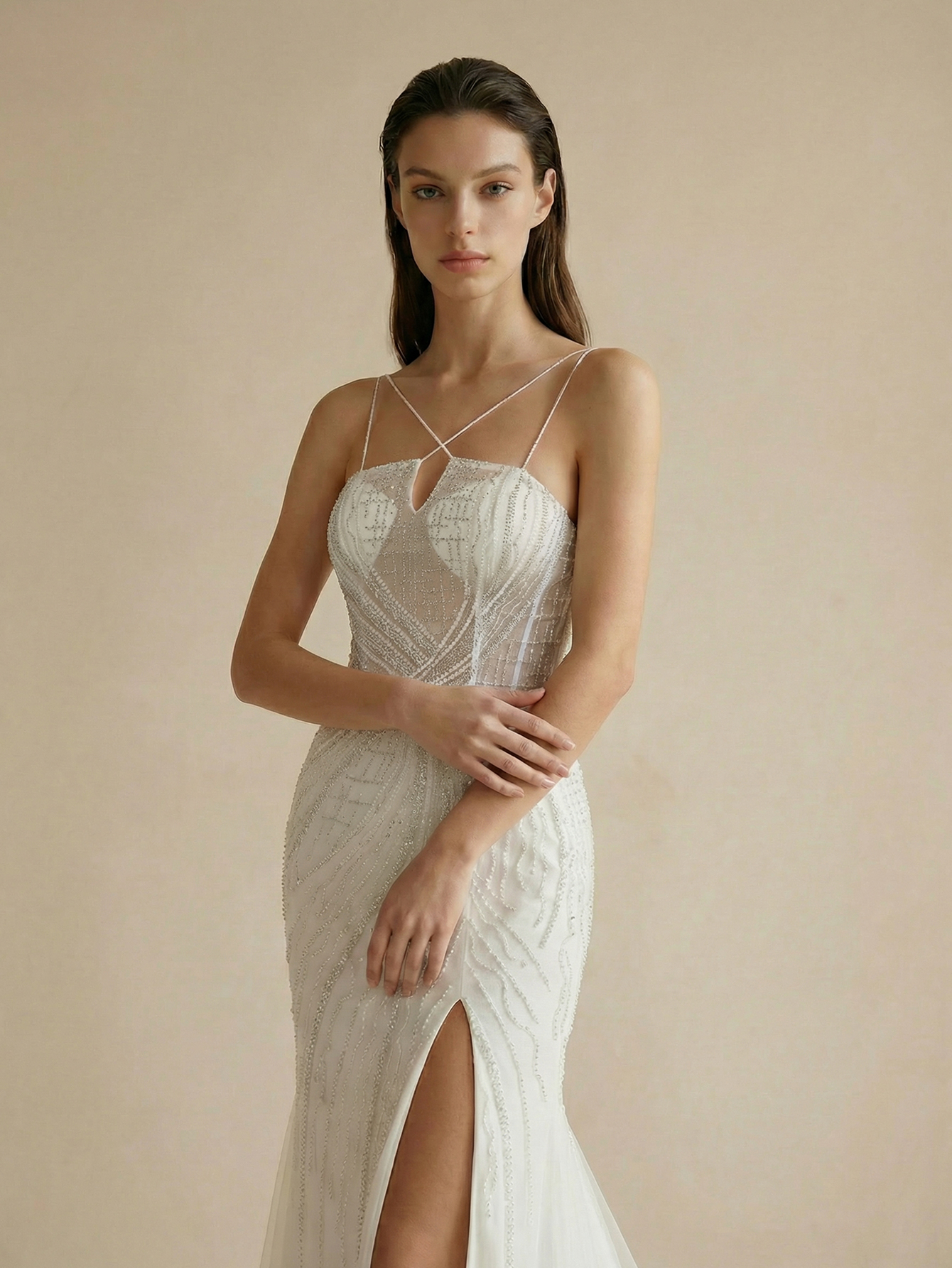 Mermaid Spaghetti Straps Wedding Dress with Beading