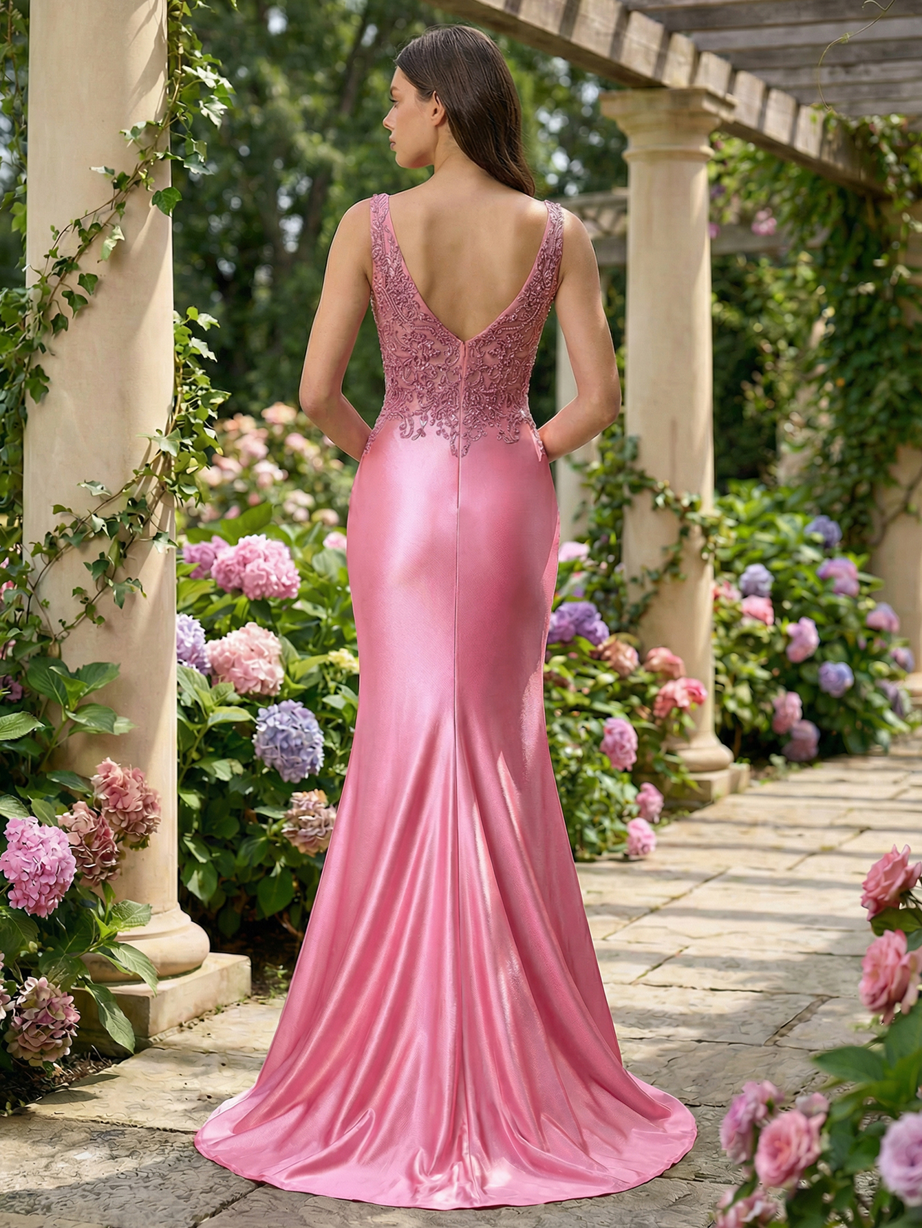 Mermaid V Neck Sleeveless Long Prom Dress with Appliqued Beading