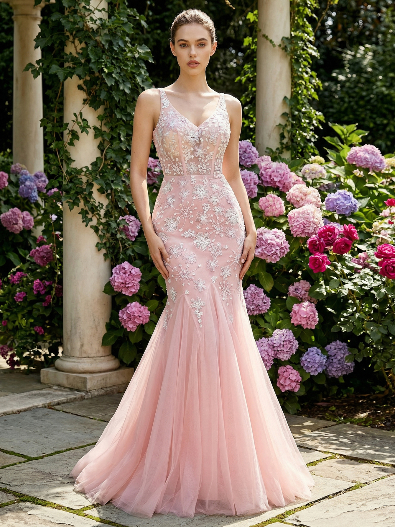 Mermaid V Neck Sleeveless Tulle Long Prom Dress with Beading