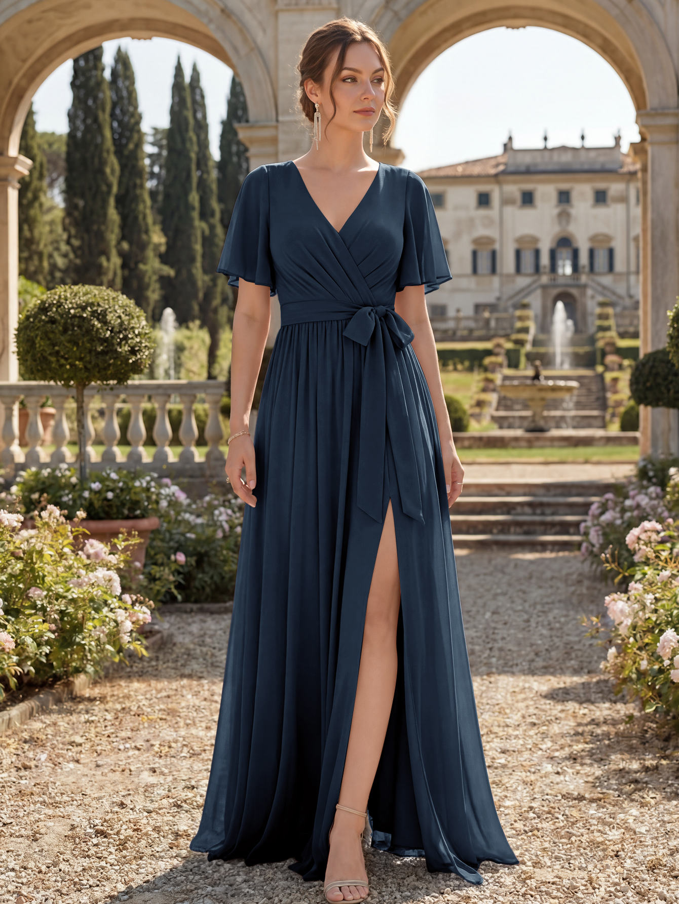 Chiffon Bridesmaid Dress V Neck Flutter Sleeve High Slit A-Line Gown