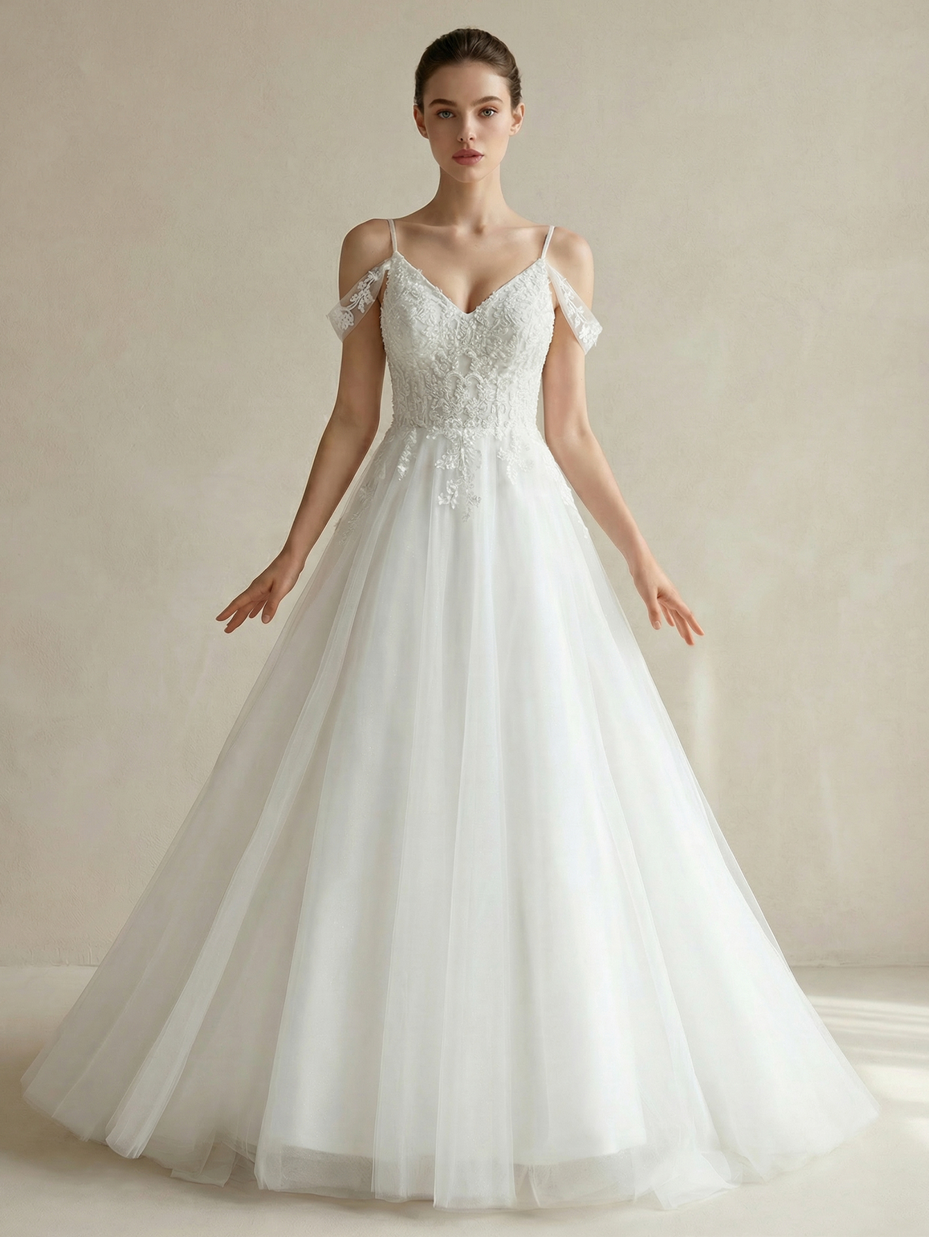 Off the Shoulder Tulle Wedding Dress with Appliqued Beading