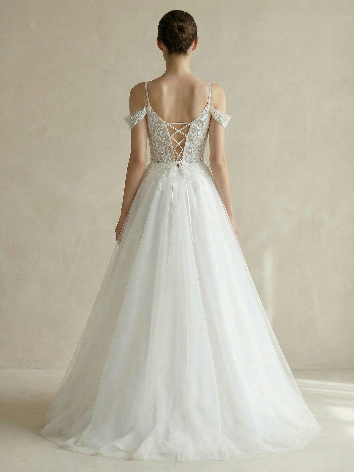 Off the Shoulder Tulle Wedding Dress with Appliqued Beading