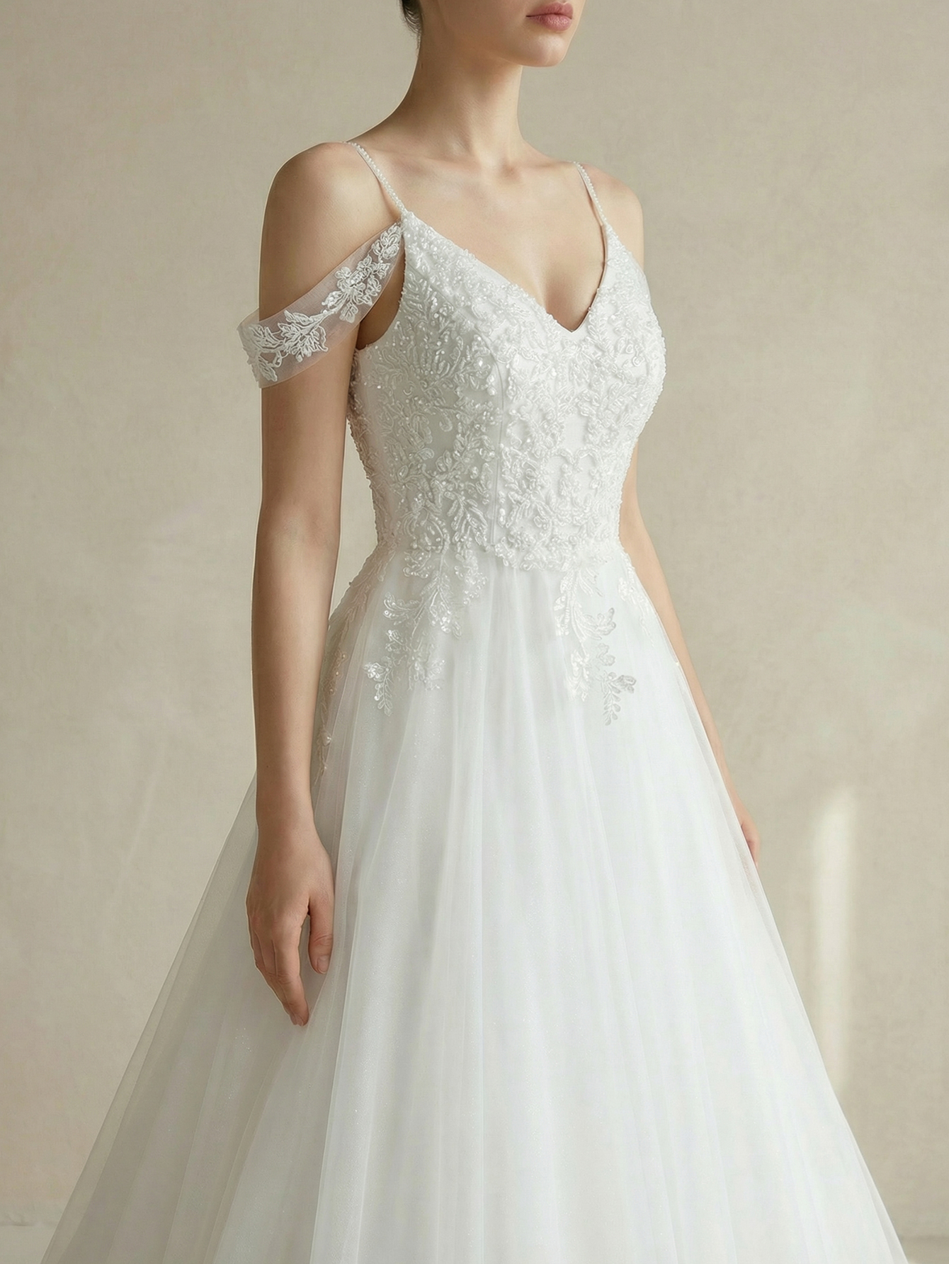 Off the Shoulder Tulle Wedding Dress with Appliqued Beading